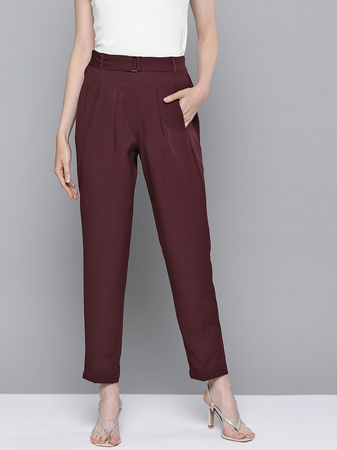 SASSAFRAS Women Burgundy Pleated Trousers with Belt