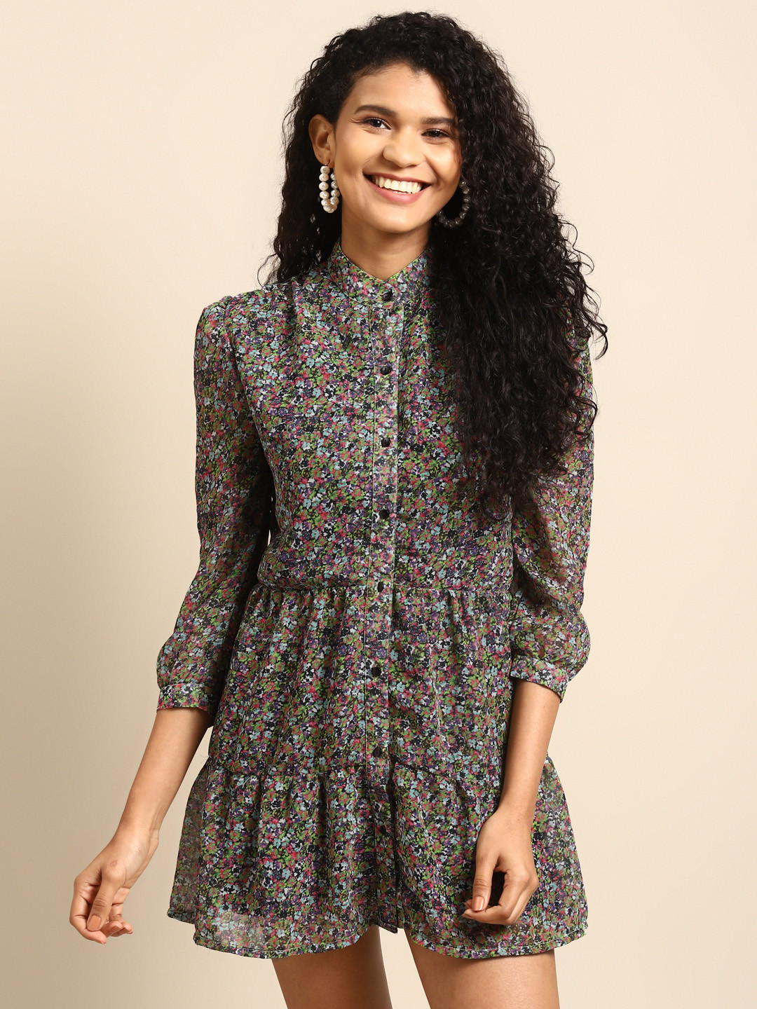 DODO & MOA Women Navy Blue & Pink Floral Printed Fit and Flare Tiered Dress