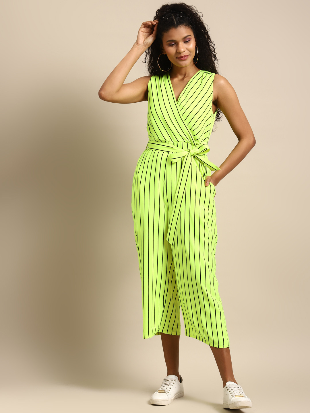 DODO & MOA Women Lime Green & Black Striped Basic Cropped Wrap Jumpsuit