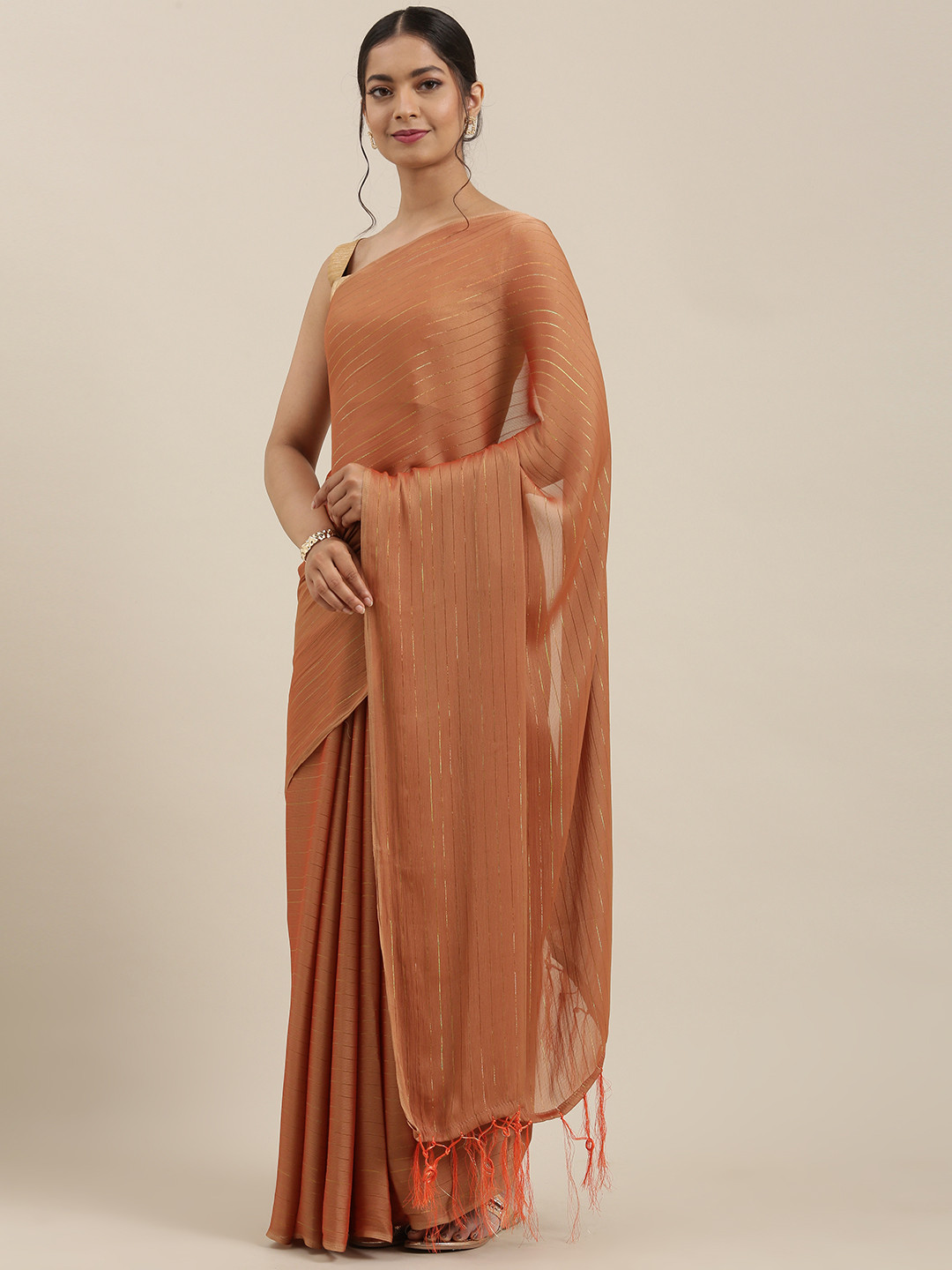 Saree mall Brown & Gold-Coloured Striped Mysore Silk Celebrity Saree