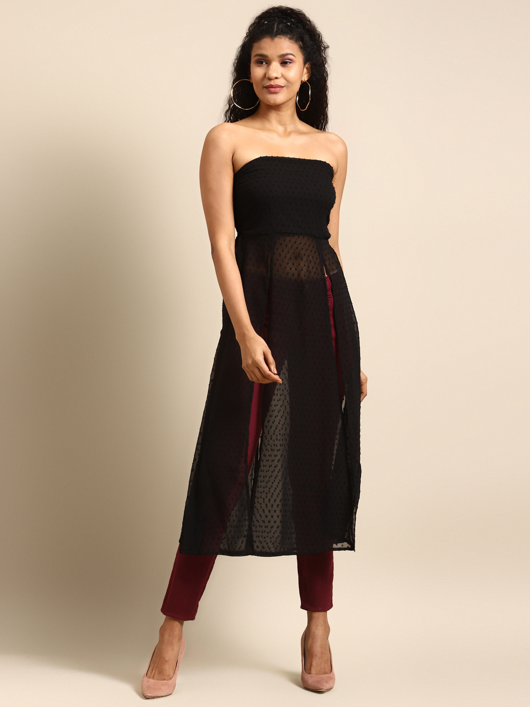 DODO & MOA Women Black Self-Design Off-Shoulder Sheer Georgette Tube Longline Top
