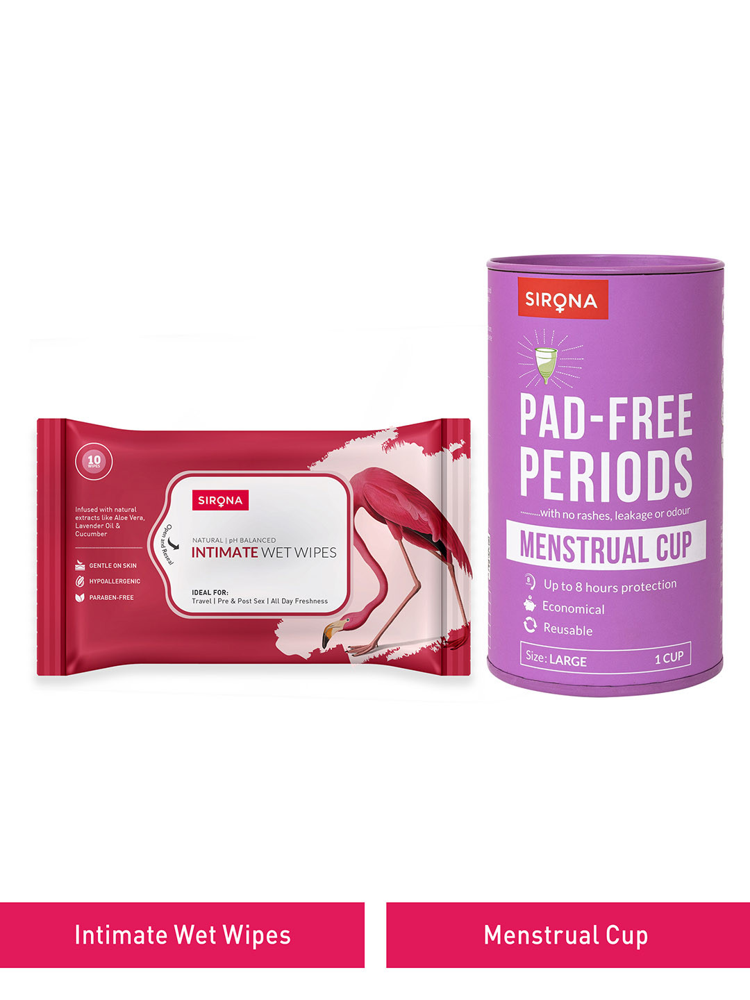 Sirona Purple Reusable Large Menstrual Cup with 10 Intimate Wipes