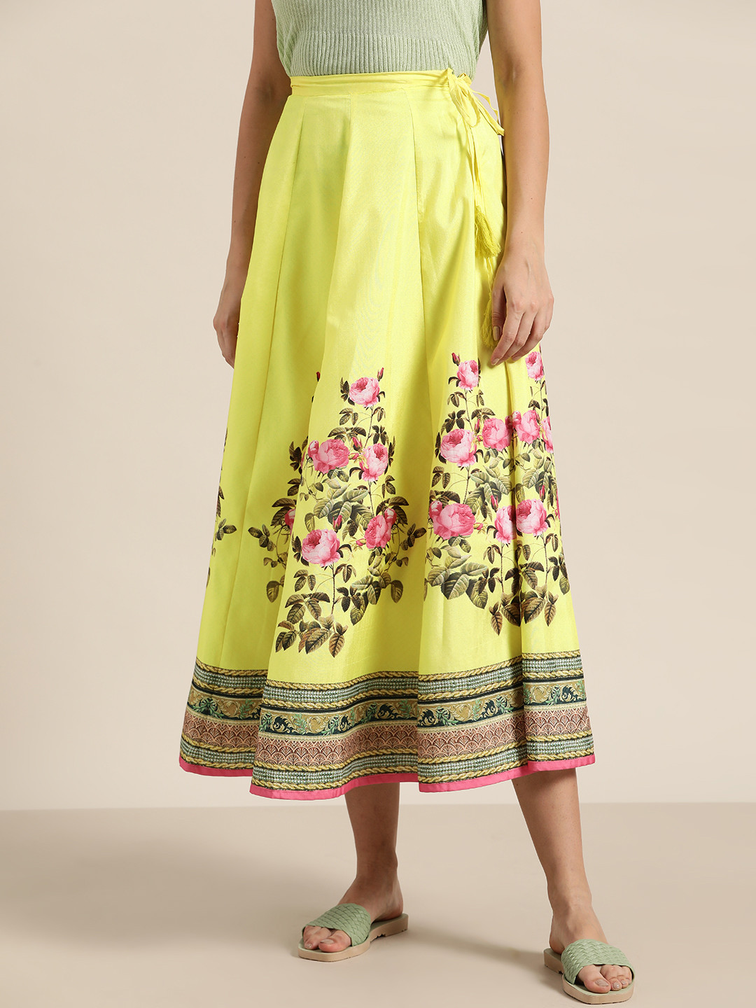 Shae by SASSAFRAS Women Lime Yellow & Pink Floral Printed A-Line Skirt