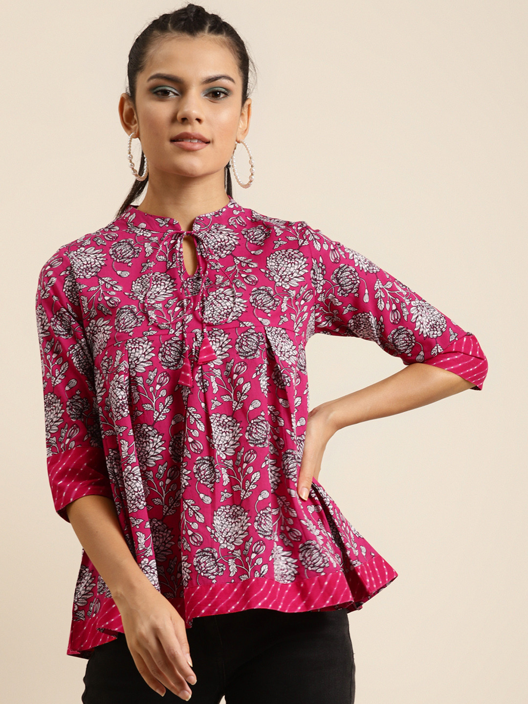 Shae by SASSAFRAS Women Fuchsia Pink & White Printed Box Pleat Pure Cotton Empire Top