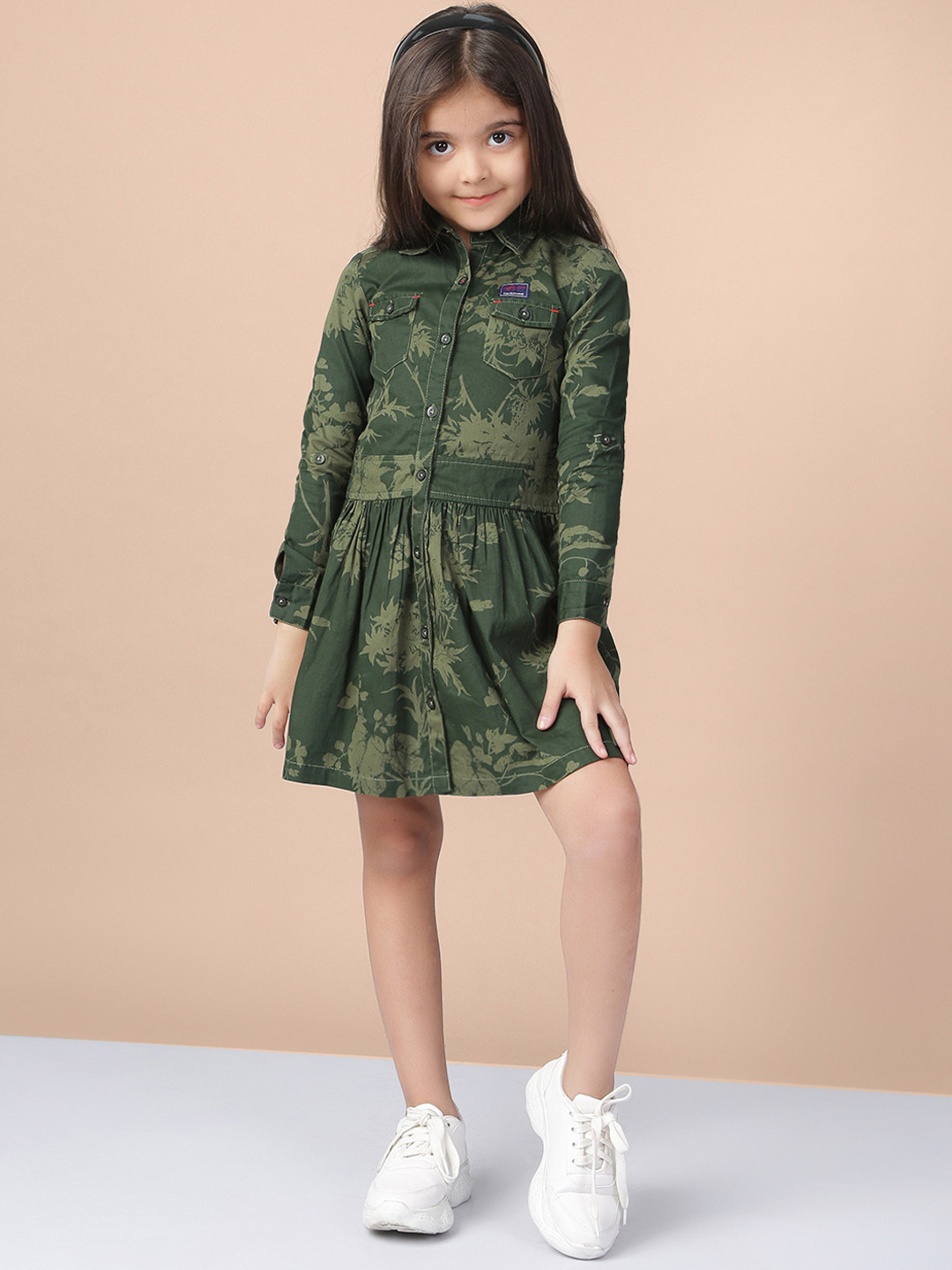 Naughty Ninos Girls Olive Green Floral Printed Shirt Dress