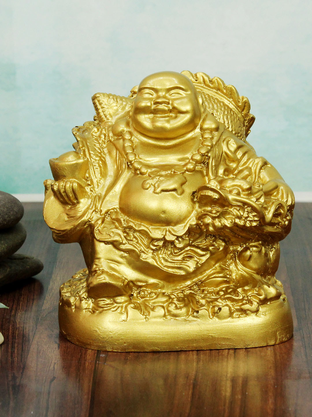 TIED RIBBONS Laughing Buddha Gold Polyresin Glossy Living Room Small Showpiece - 4.5 Inches
