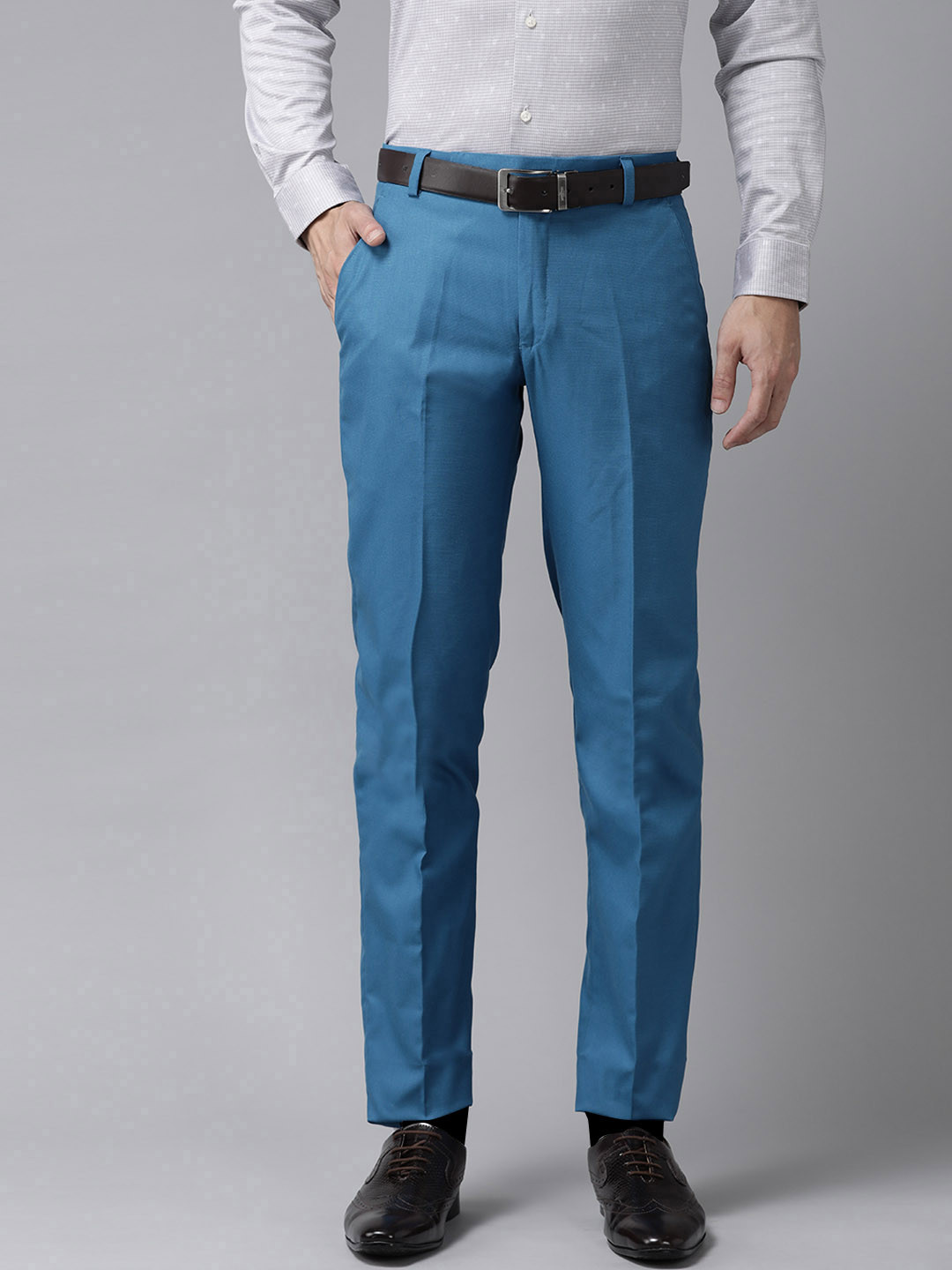Hangup Men Blue Regular Fit Solid Formal Trousers