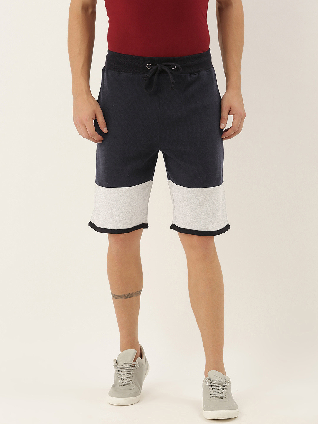 ARISE Men Navy Blue & Grey Melange Colourblocked Regular Fit Pure Cotton Shorts