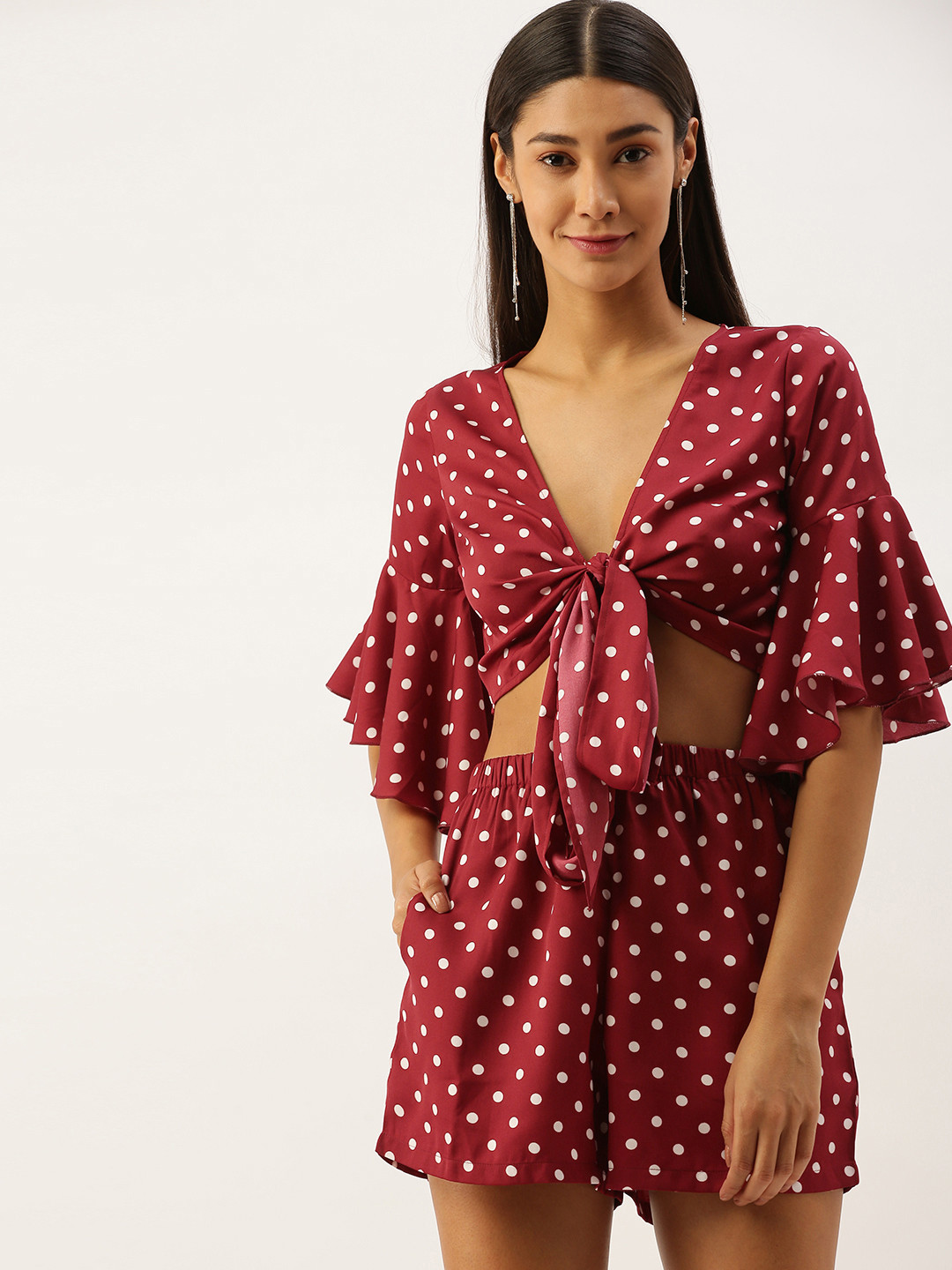 Berrylush Women Red & White Polka Dot Printed Co-ordinate Sets Dress