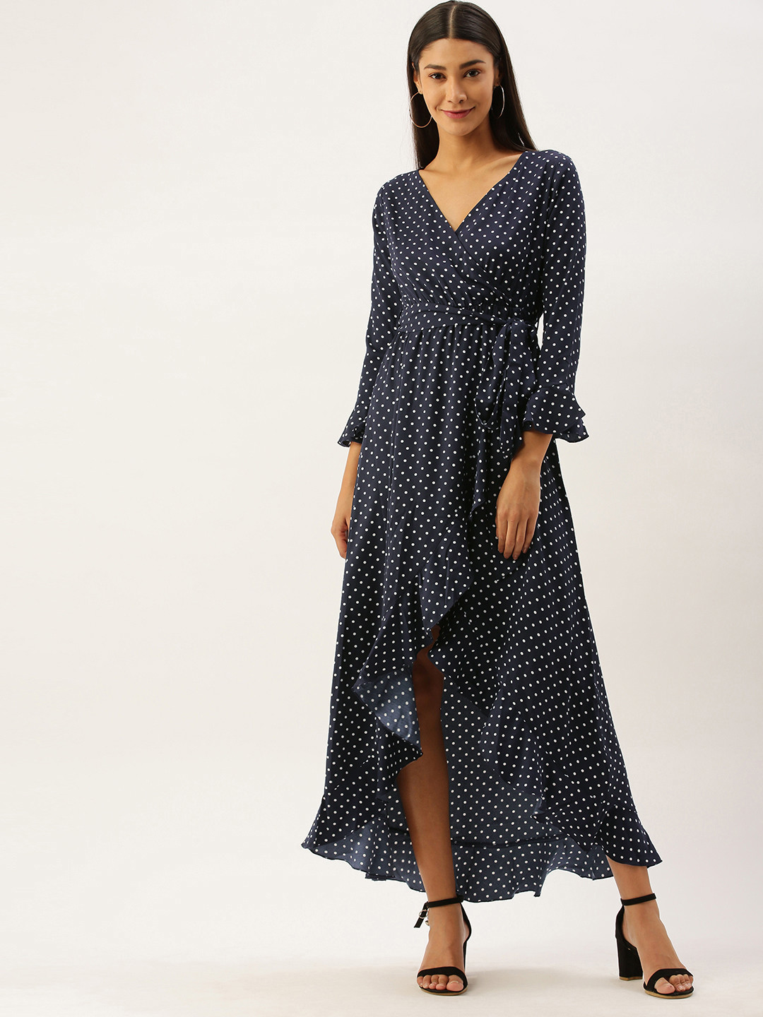 Berrylush Women Navy Blue Printed Wrap High-Low Hem Maxi Dress with Ruffle Detail