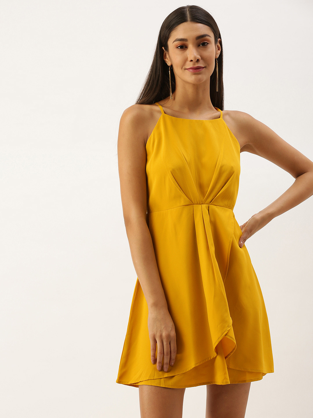 Berrylush Women Mustard Yellow Solid Pleated Ruffled A-Line Dress