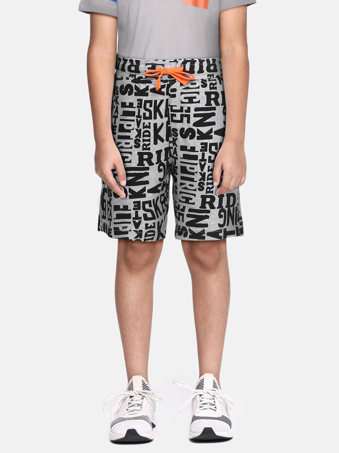 United Colors of Benetton Boys Grey Melange & Black Typography Print Pure Cotton Shorts
