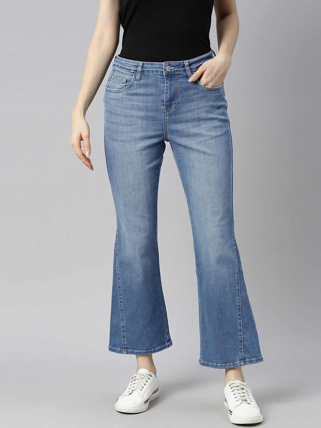 Mast & Harbour Women Blue Flared High-Rise Light Fade Stretchable Jeans