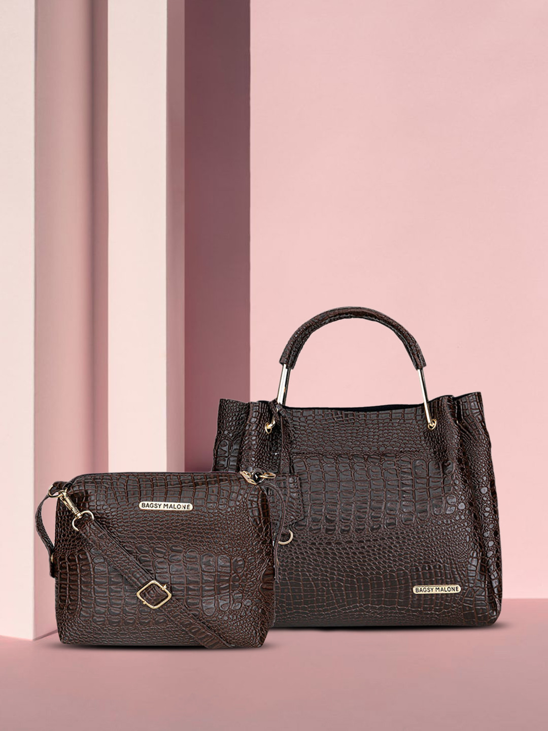 Bagsy Malone Brown Set of 2 Crocodile-Skin Textured Handheld Bag