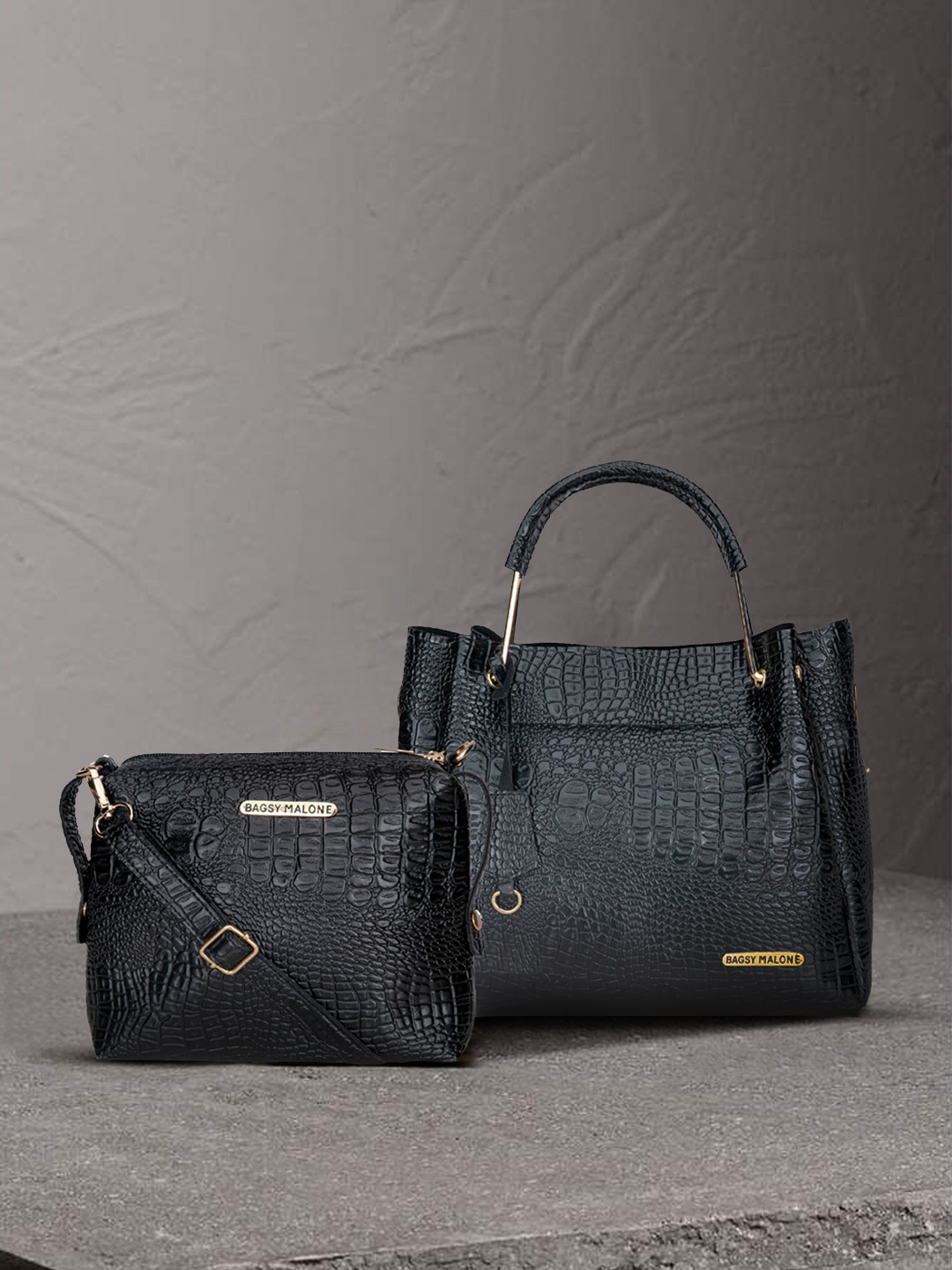 Bagsy Malone Black Set of 2 Crocodile-Skin Textured Handheld Bag