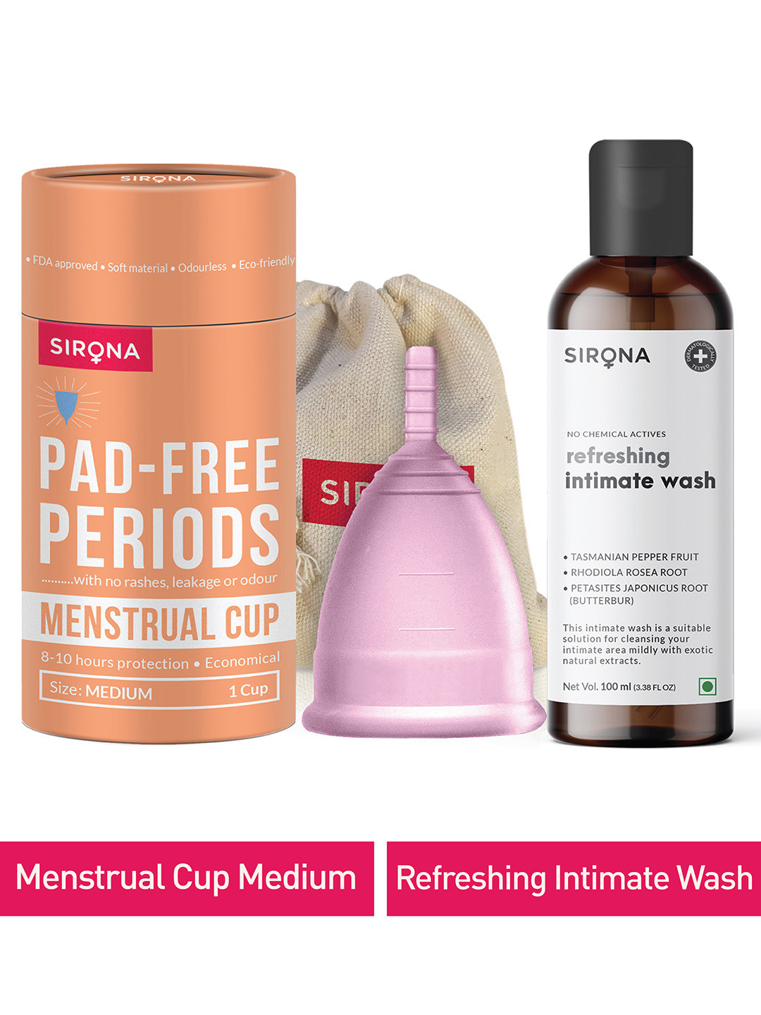 Sirona Reusable Menstrual Cup - Medium with Intimate Wash - 100 ml