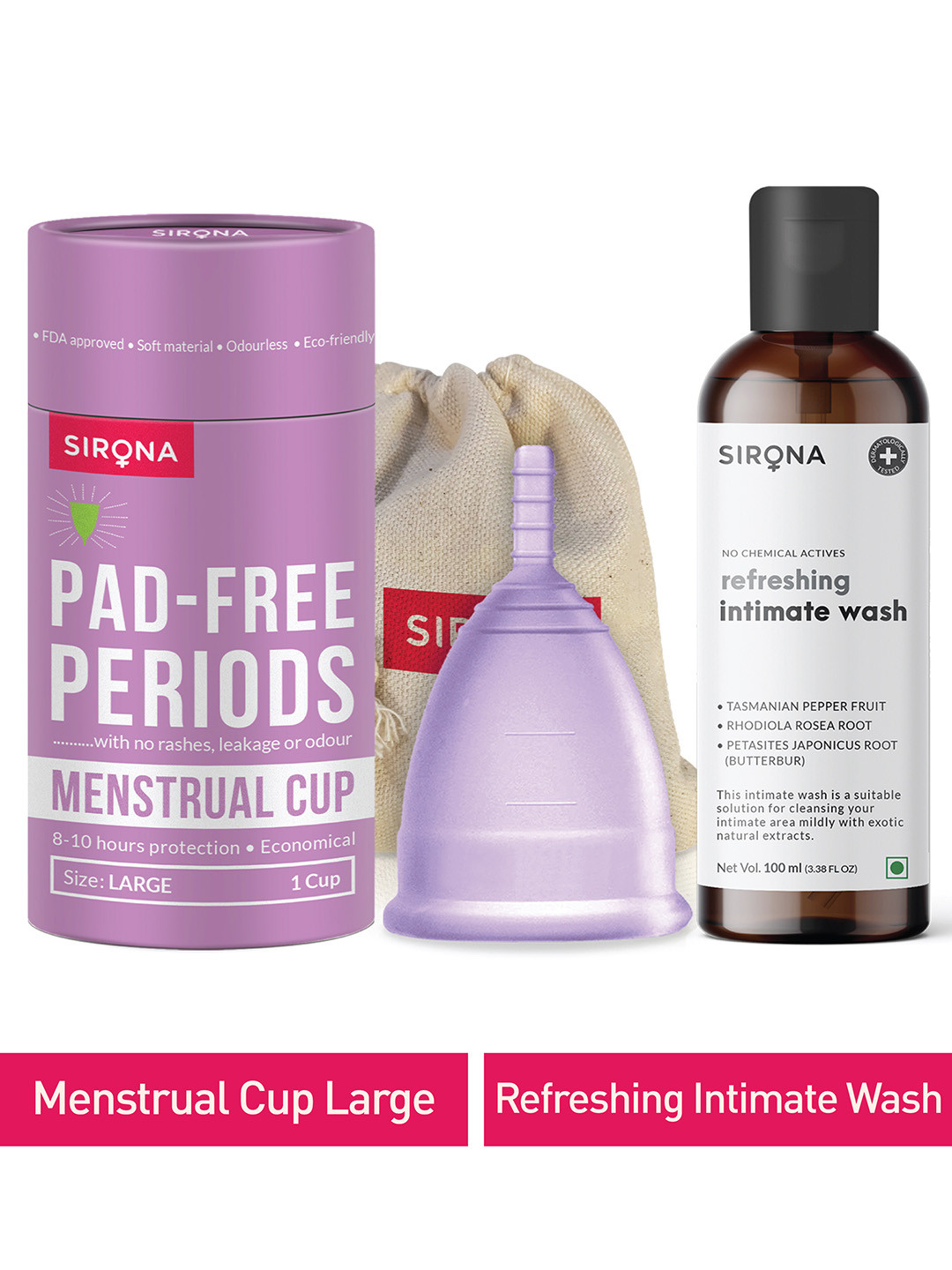 Sirona Reusable Menstrual Cup - Large with Intimate Wash - 100 ml