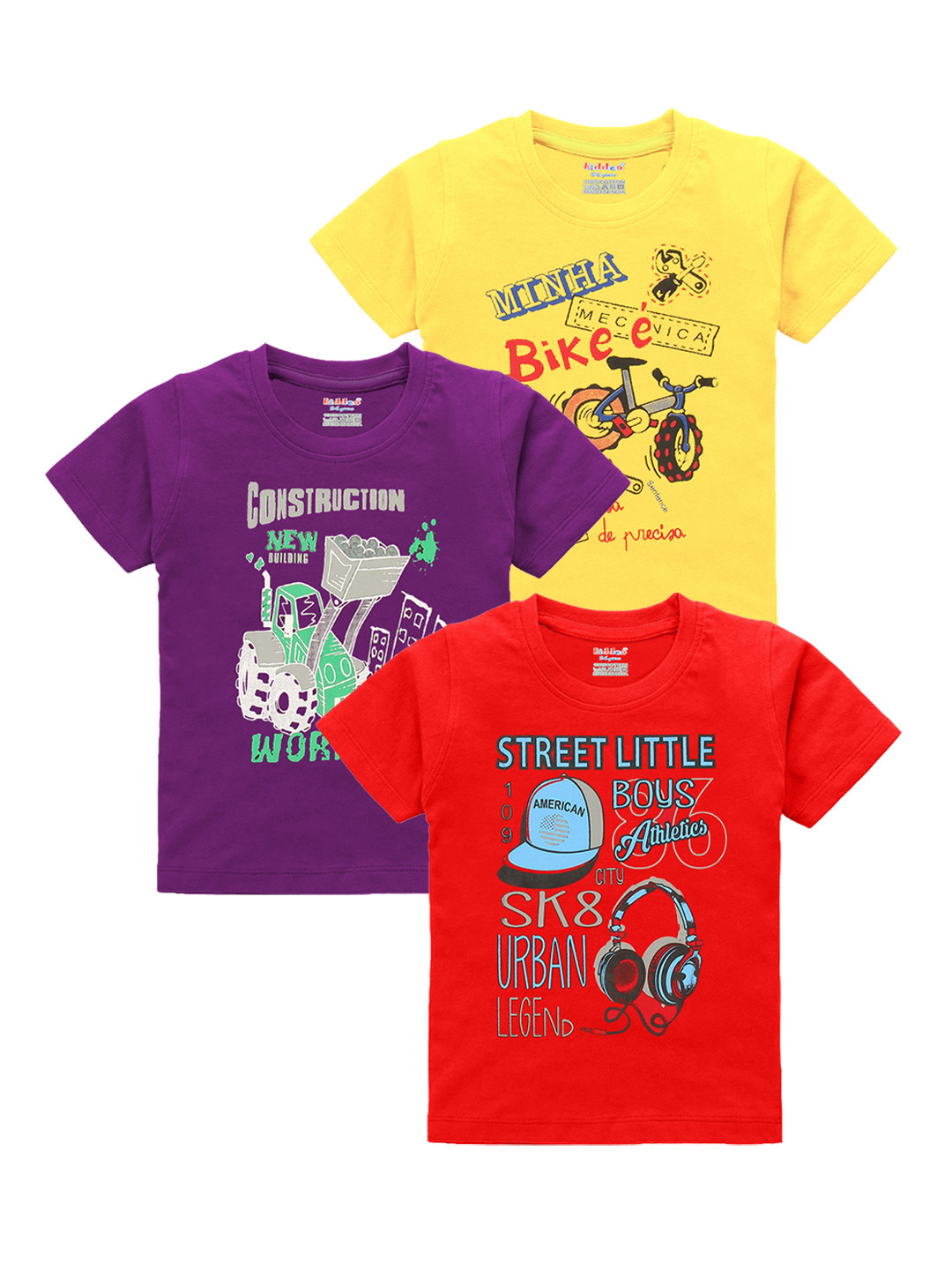 Kiddeo Boys Multicolored Set of 3 Printed Round Neck Tshirt