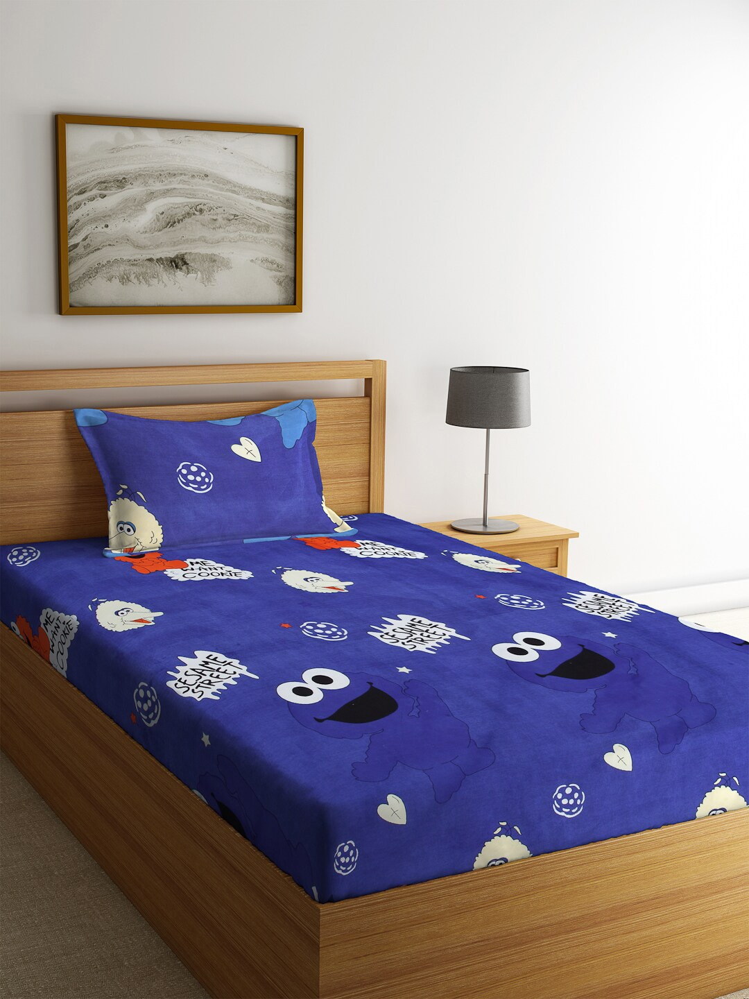 KLOTTHE Blue Conversational Cotton 210 TC Single Fine Bedsheet with a Pillow Cover-59 x 89 inches