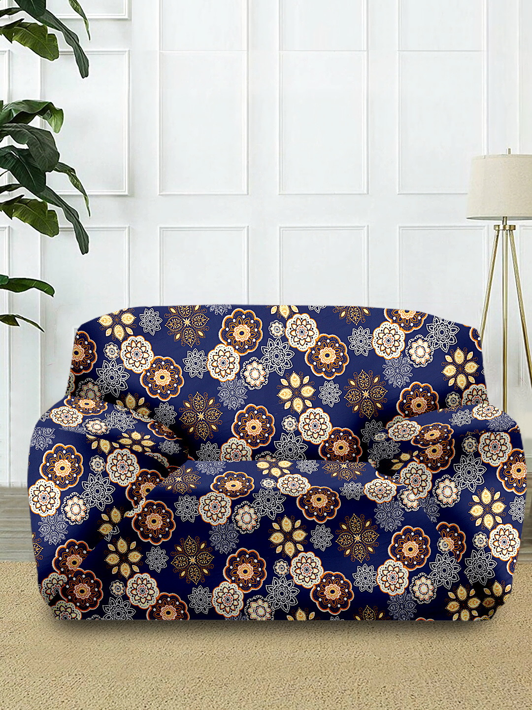 Cortina Blue & White Printed 1-Seater Super-Stretchable Non-Slip Sofa Slipcover