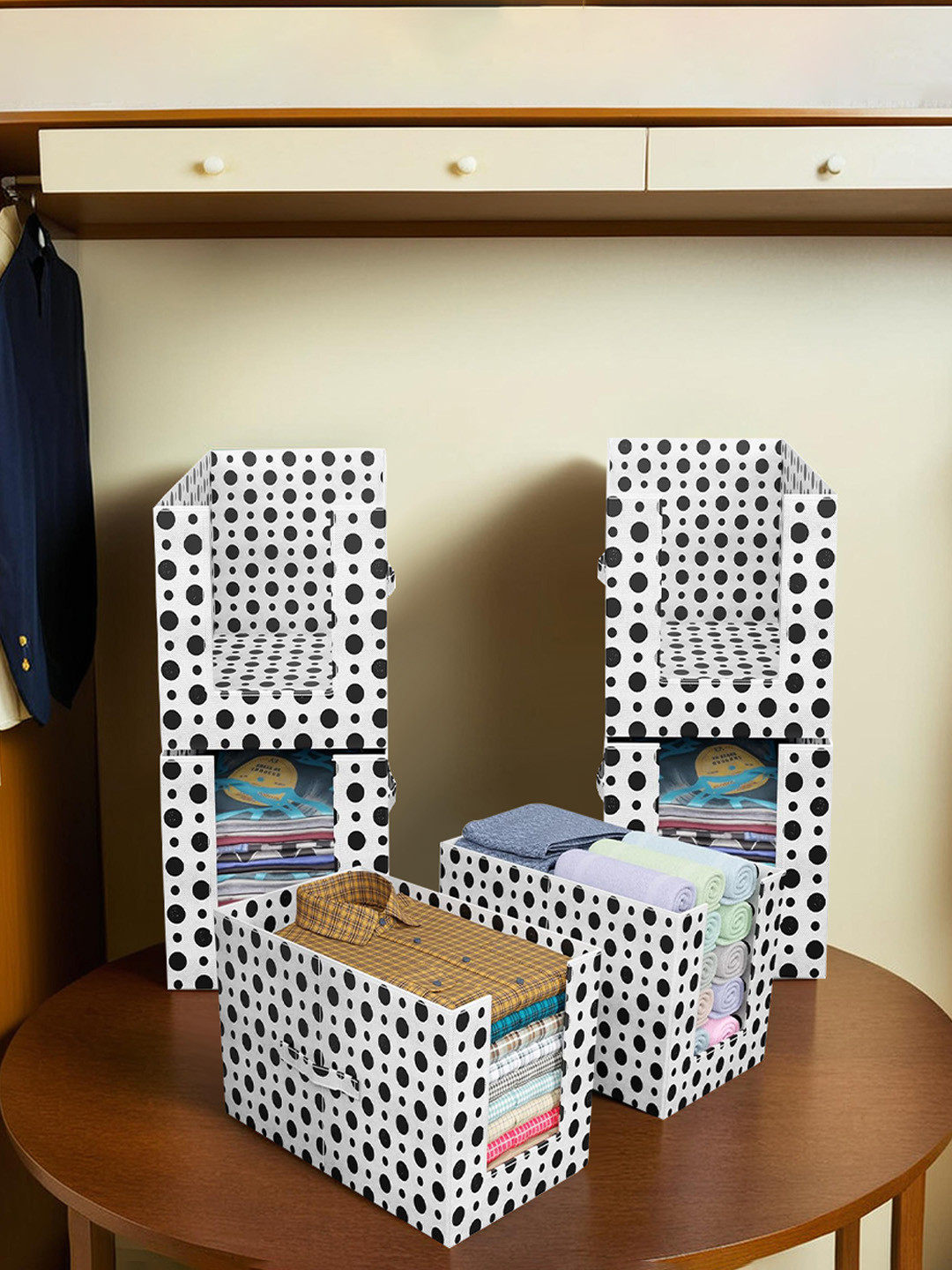 Kuber Industries Set Of 6 White & Black Printed Wardrobe Organisers With Handles