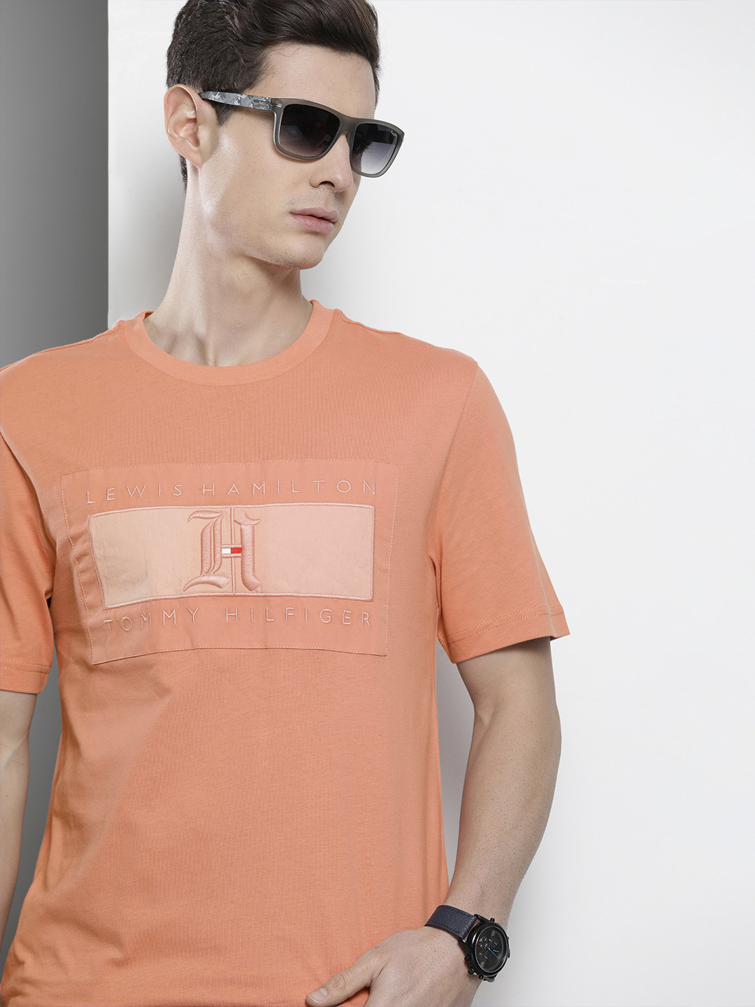 Tommy Hilfiger Lewis Hamilton Men Coral Orange Embroidered Round Neck Organic Cotton T-shirt