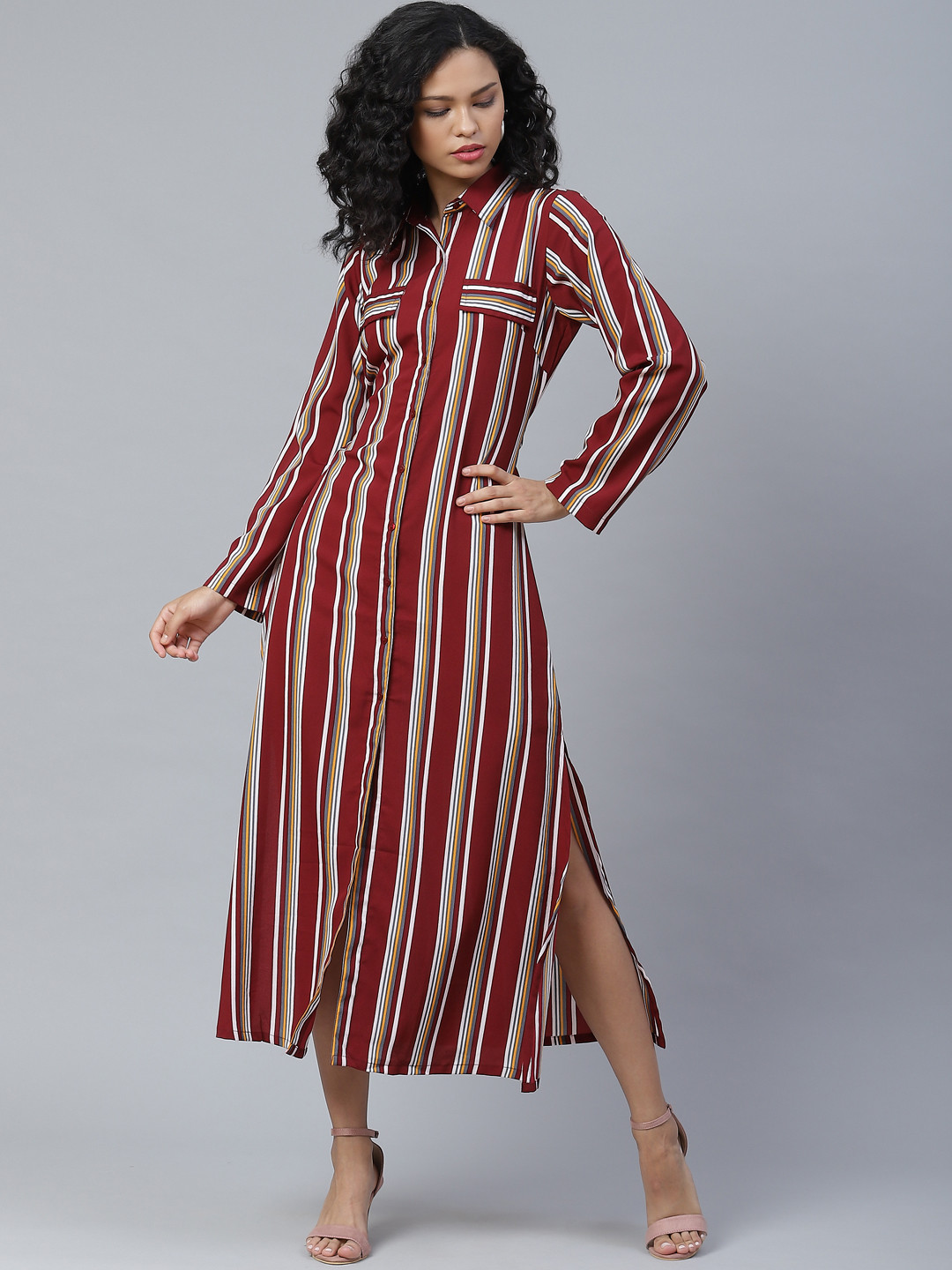 plusS Classy Maroon and Off-White Striped Shirt Dress