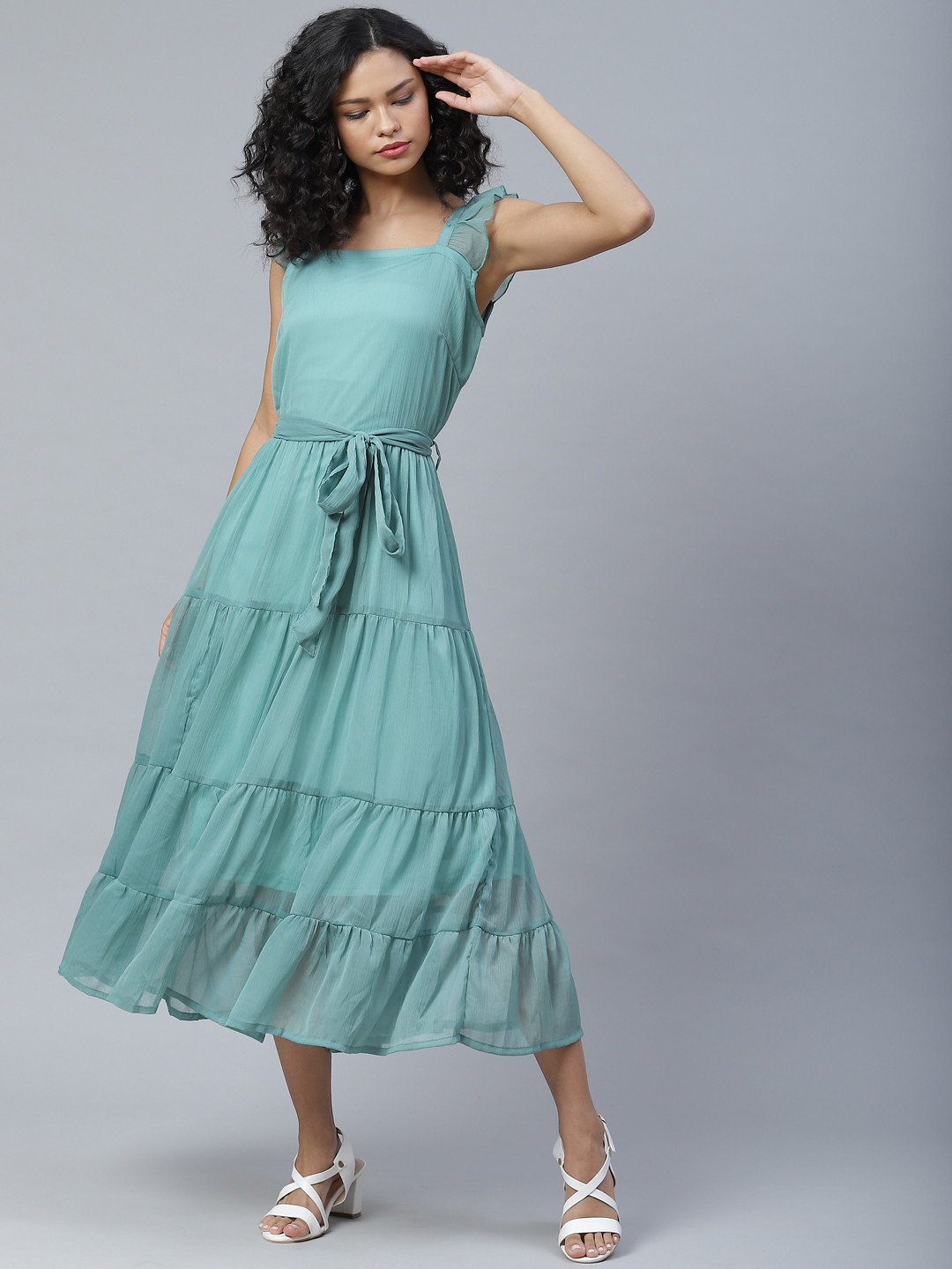 plusS Serene Green Solid Tiered A-Line Midi Dress