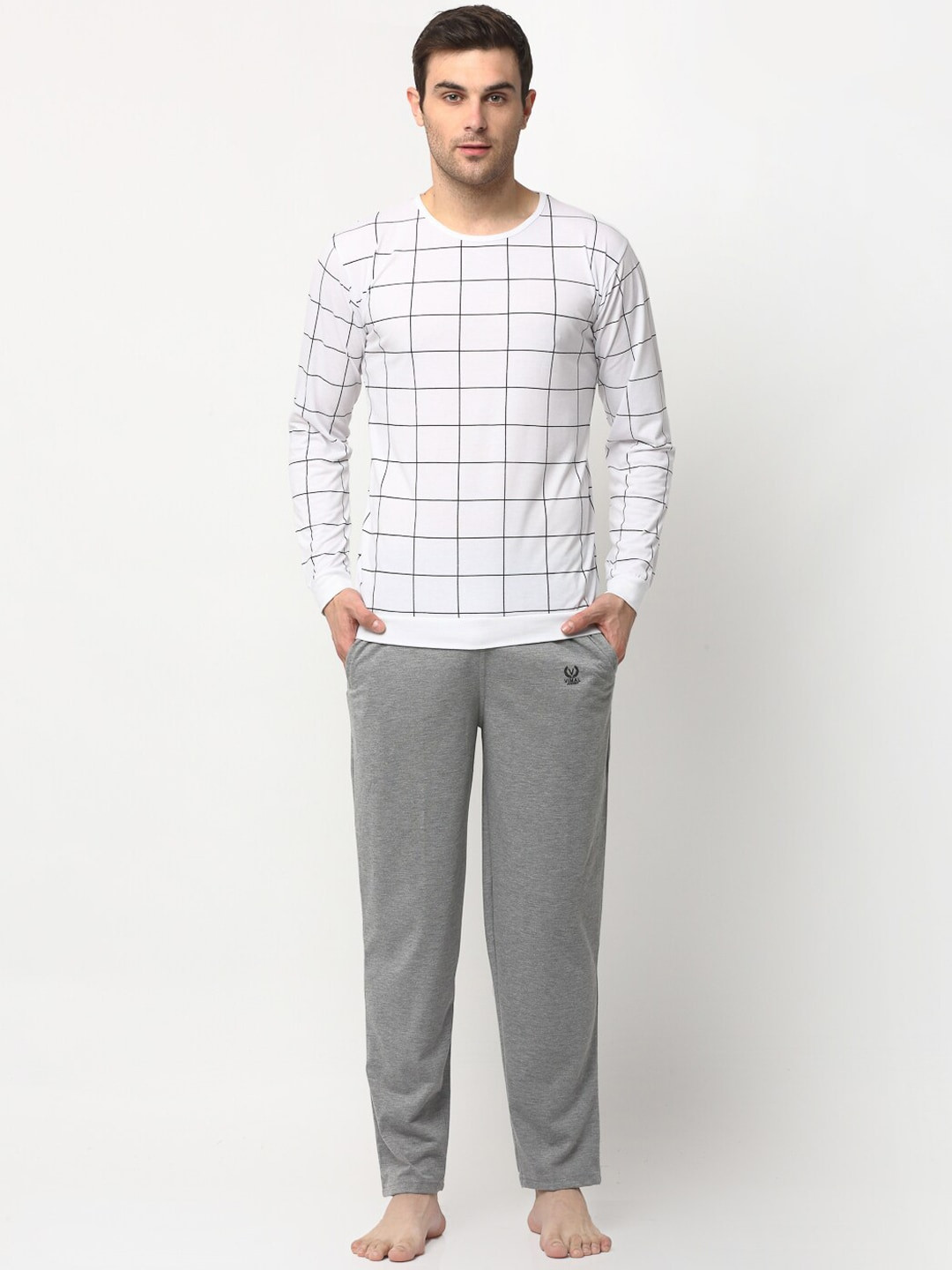 MACK JONNEY Men White & Grey Checked Night Suit