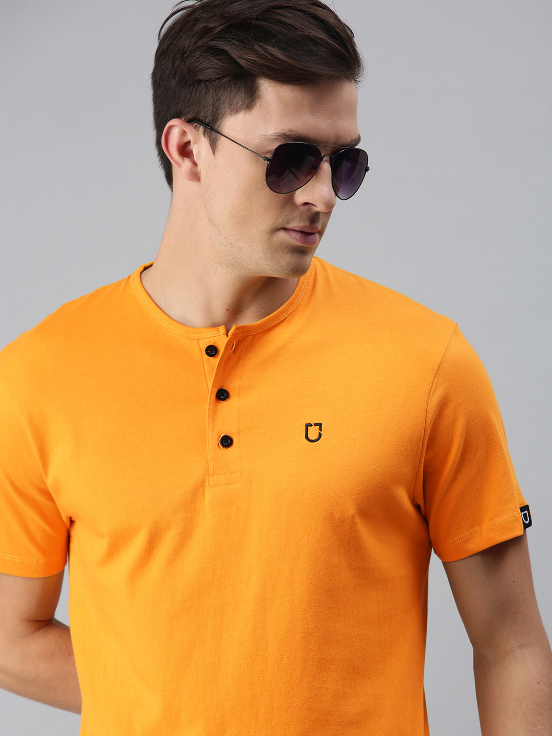 Urbano Fashion Men Yellow Henley Neck Pure Cotton Slim Fit Pure Cotton T-shirt