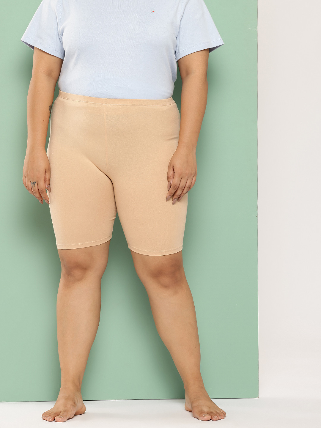 Leading Lady Woman Beige Pure Cotton Solid High-Rise Lounge Shorts