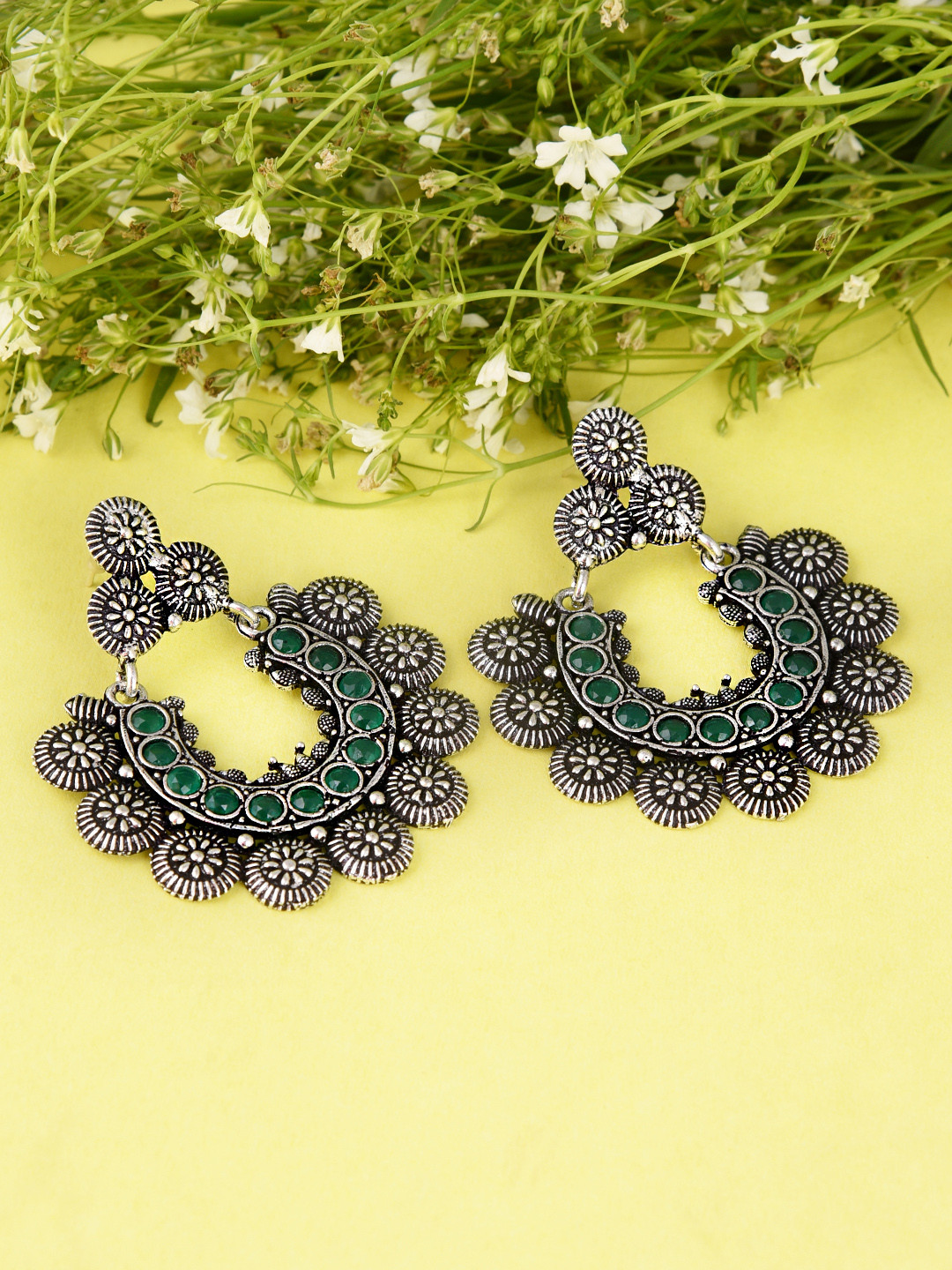 FIROZA Silver-Toned & Green Oxidised Crescent Shaped Stone Studded Chandbalis