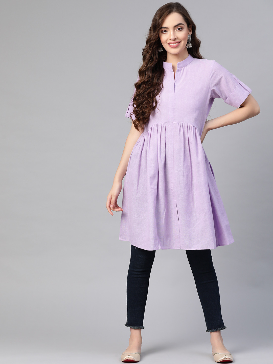 MBE Lavender Cotton Solid Mandarin Collar A-Line Tunic with Gathers