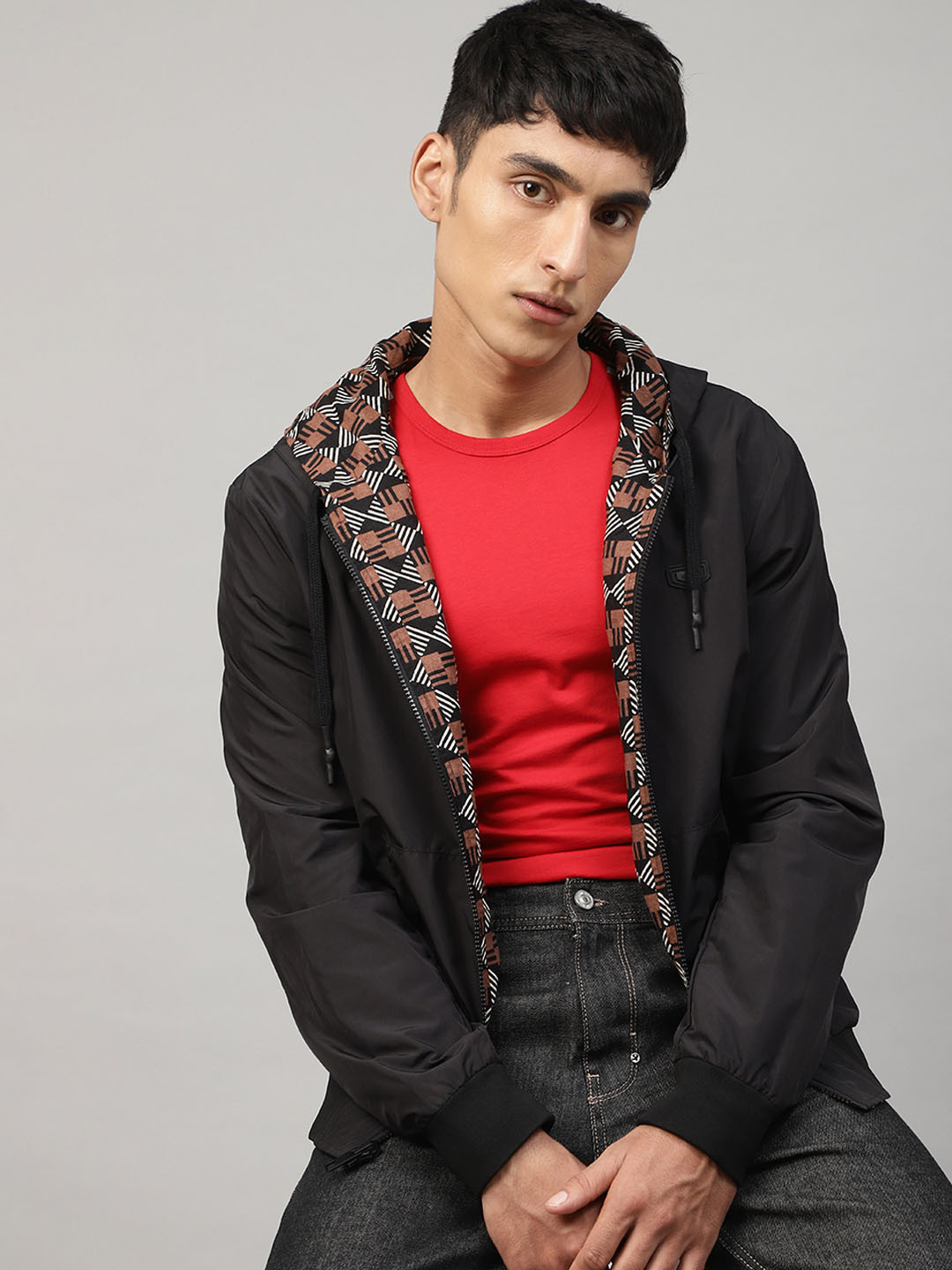 Antony Morato Men Black & Brown Printed Reversible Bomber