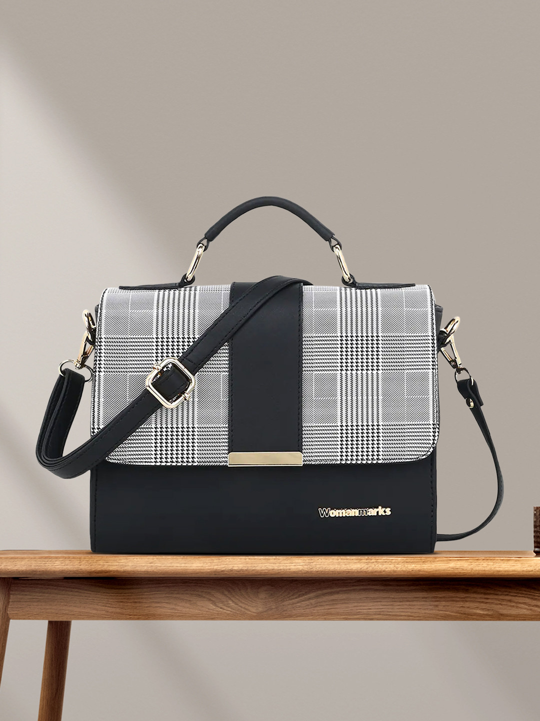 WOMEN MARKS Black & Off-White Checked Satchel