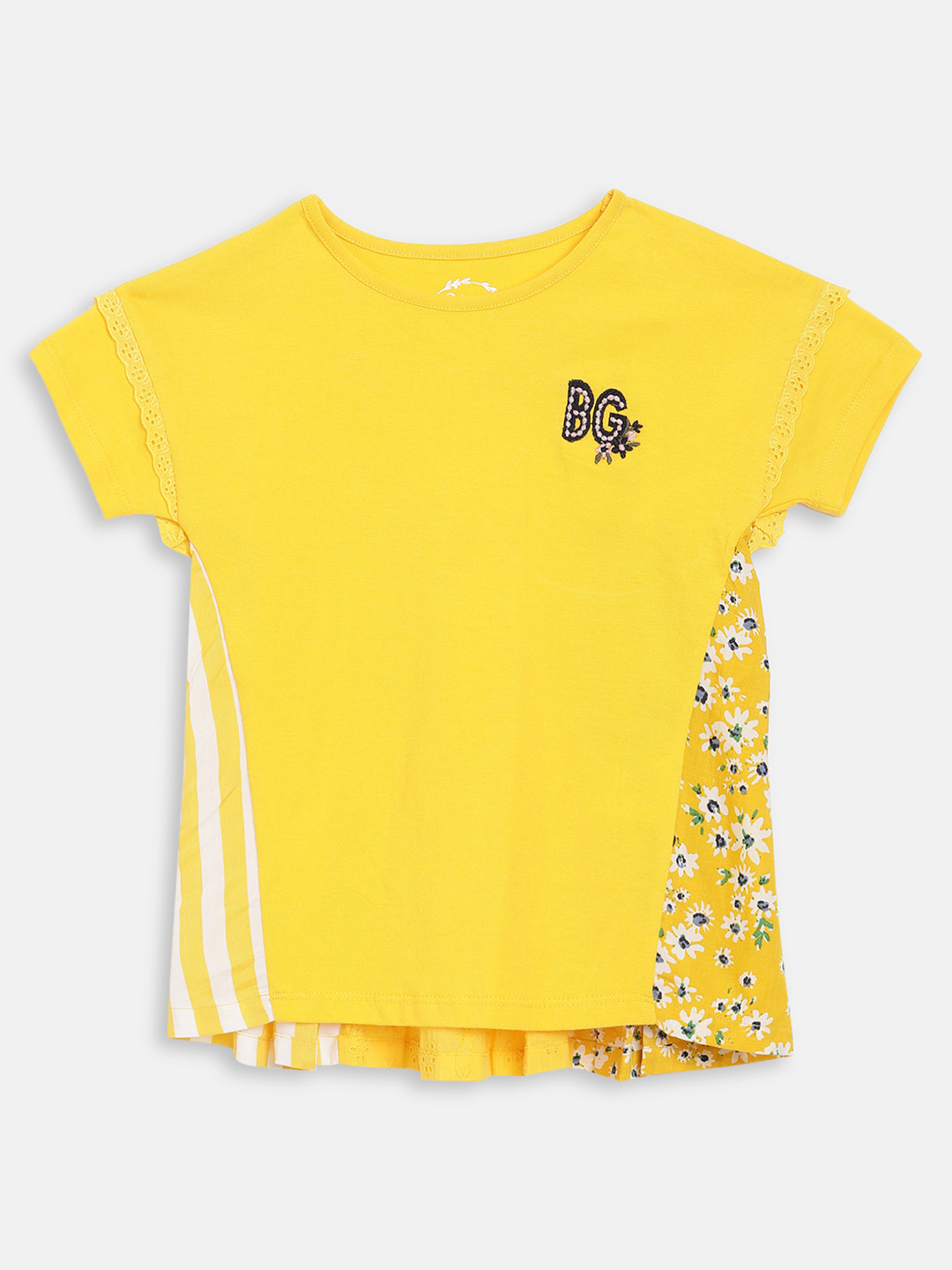 Blue Giraffe Girls Yellow Printed Round Neck T-shirt