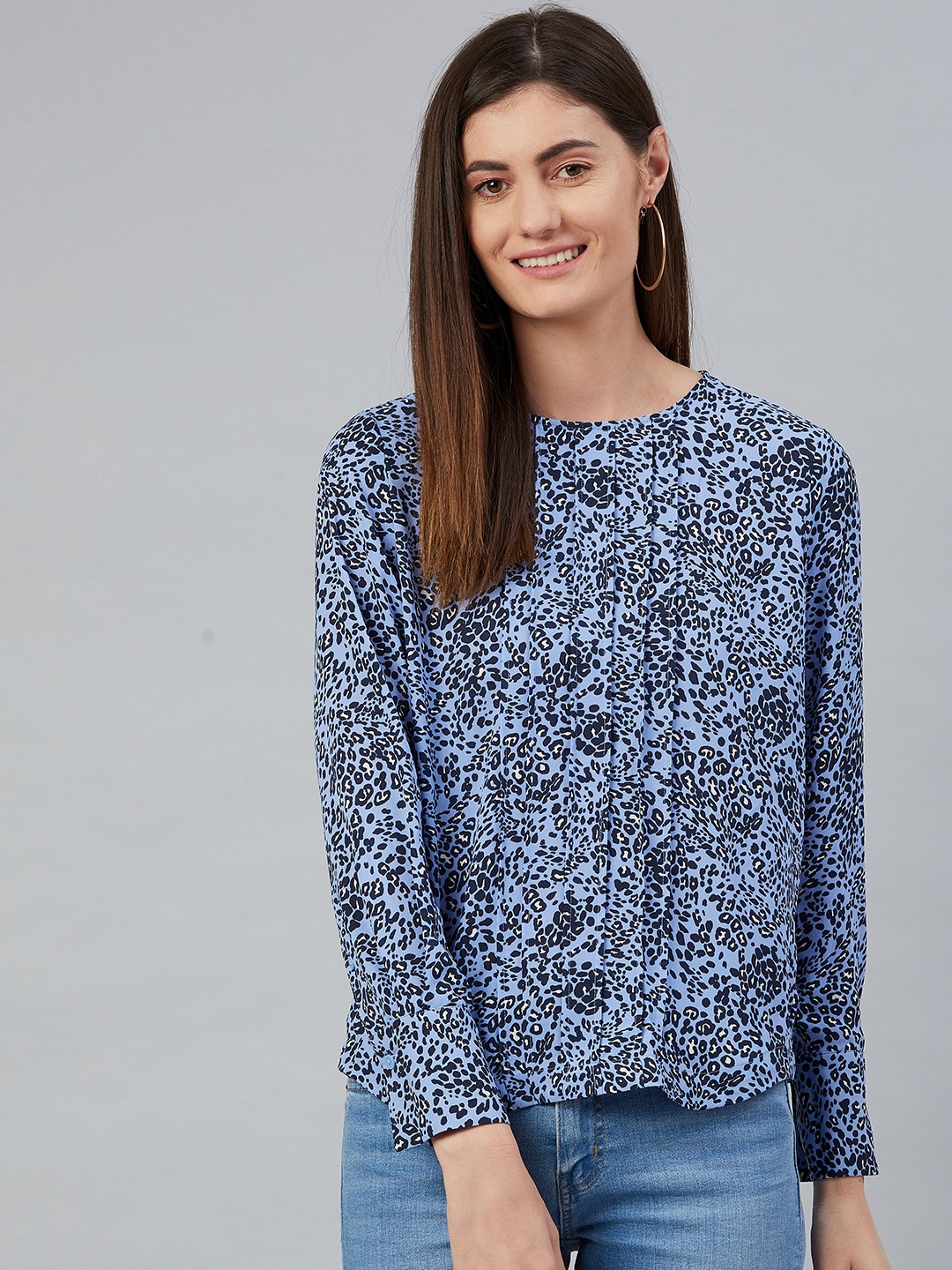 Marks & Spencer Blue Leopard Print Pleated Regular Top