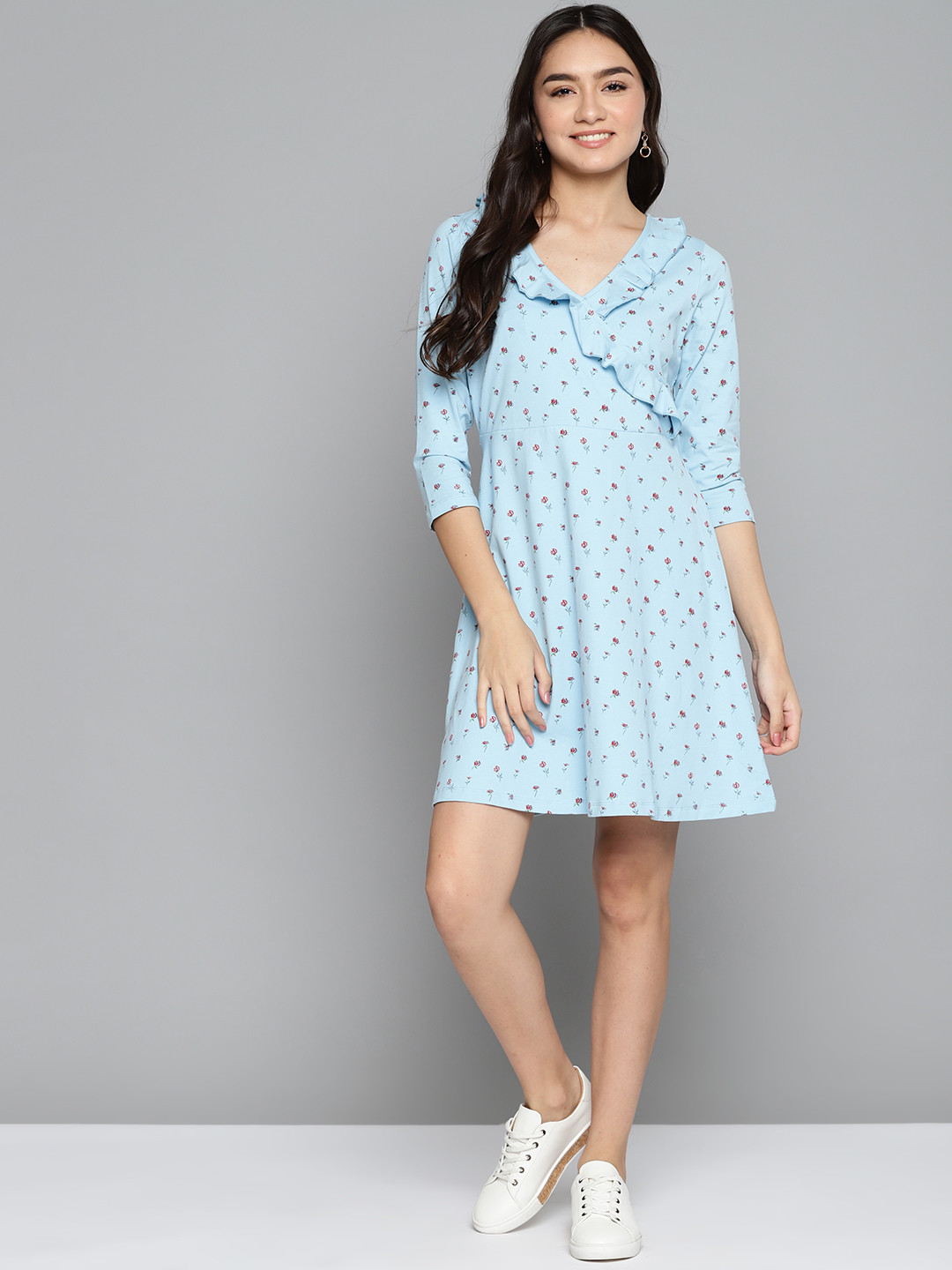 Mast & Harbour Blue & Red Floral Print Ruffle Wrap Dress