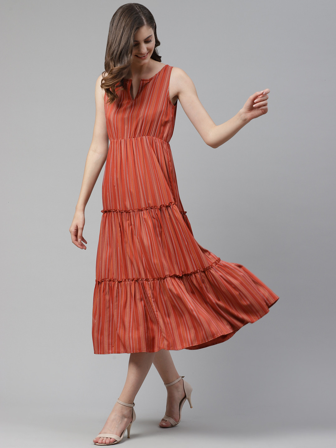 Mast & Harbour Rust Orange Striped Ethnic Tiered A-Line Dress