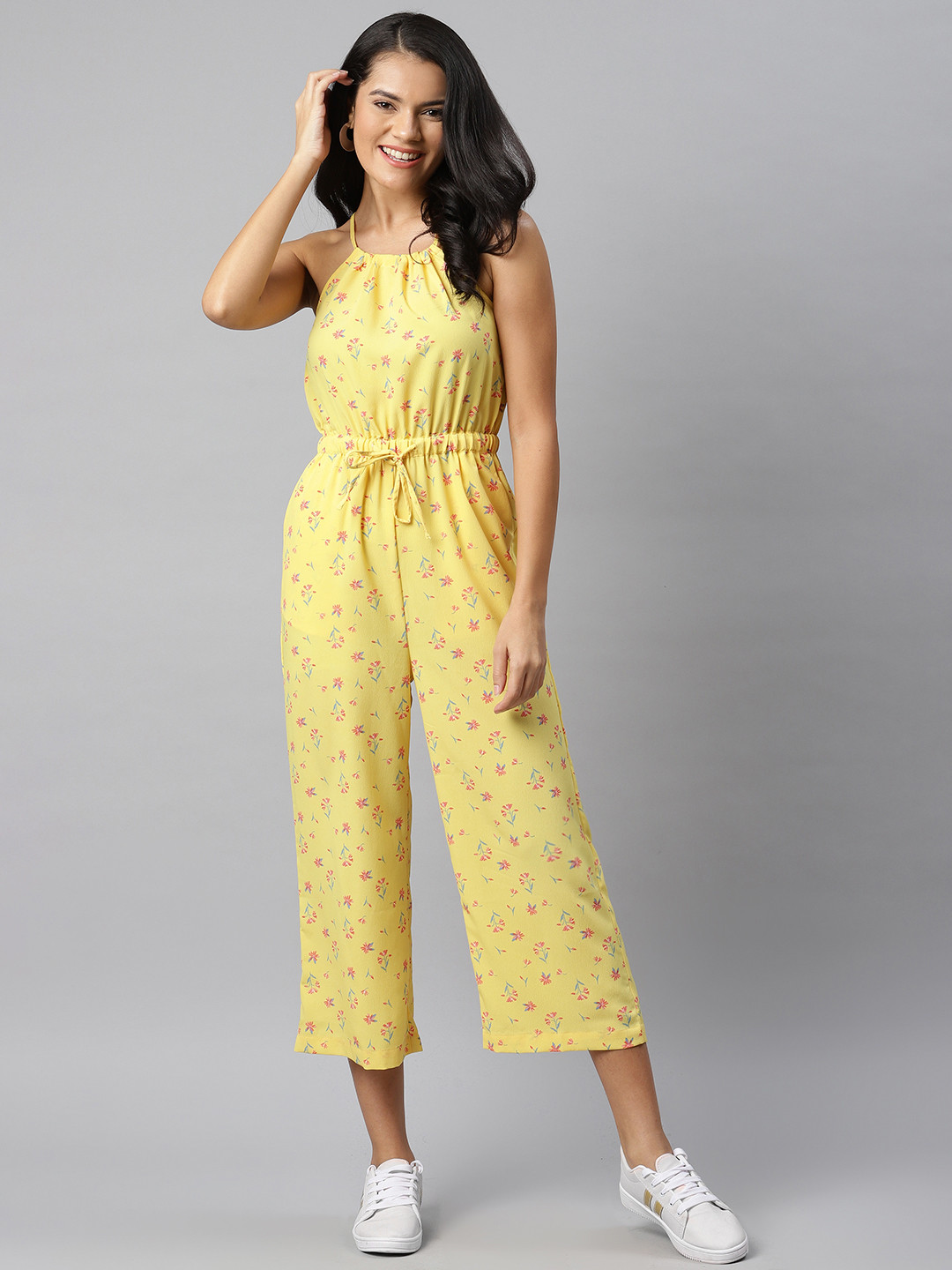 Mast & Harbour Yellow & Pink Floral Printed Basic Jumpsuit