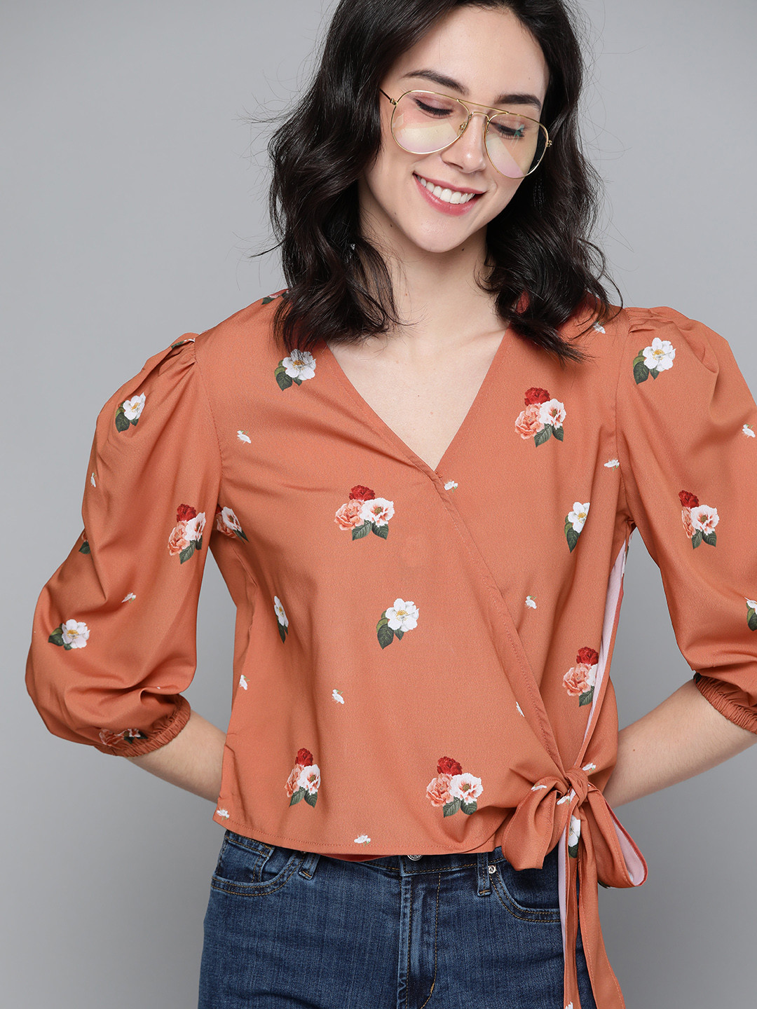 Mast & Harbour Rust Brown & White Floral Printed Wrap Top