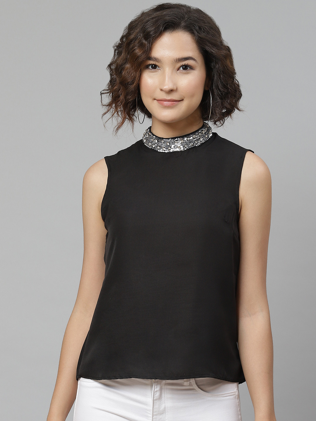 VARUSHKA Black Jewel Neck Studded Satin Regular Top