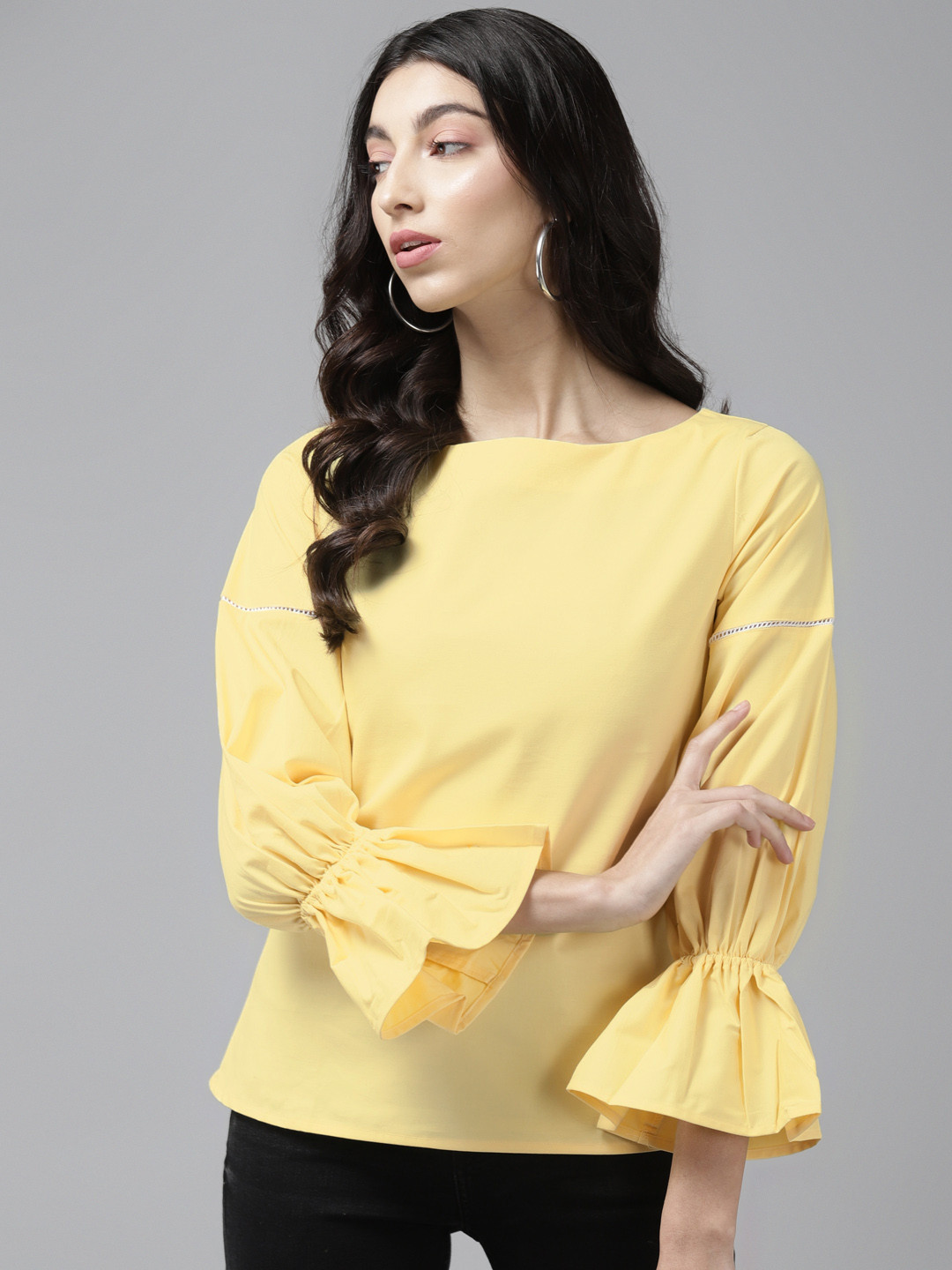 Cayman Yellow Solid Bell Sleeves Pure Cotton Regular Top