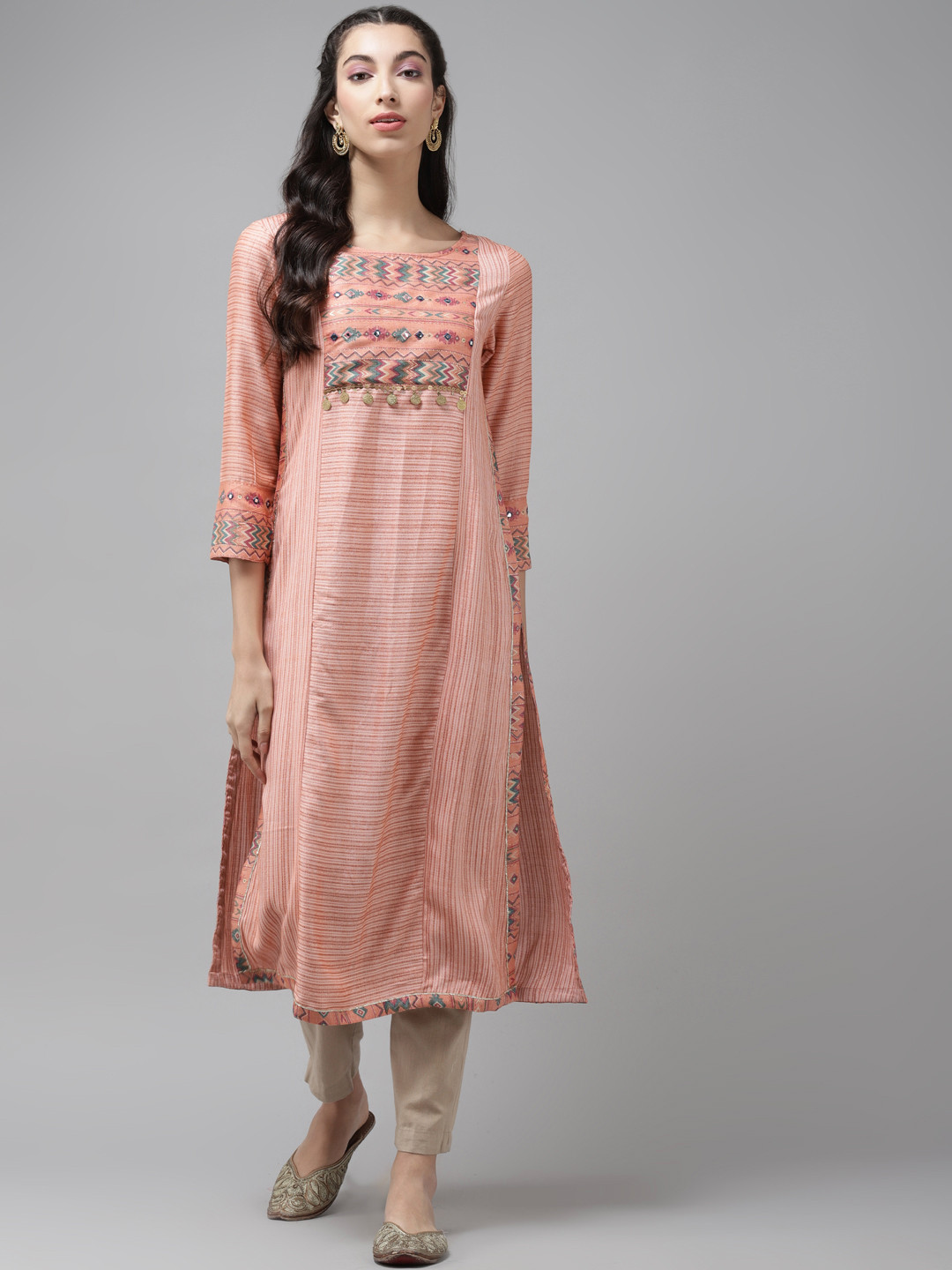 Cayman Women Peach-Coloured Striped Sequins Straight Kurta