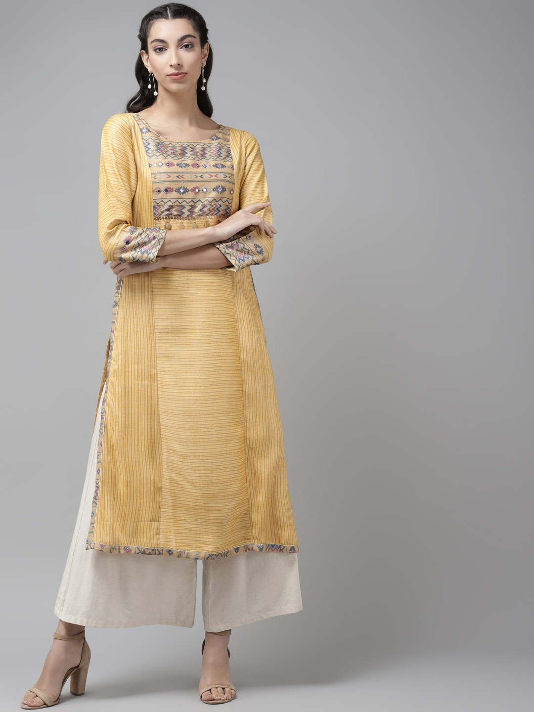 Cayman Women Beige Striped Mirror-Work Straight Kurta