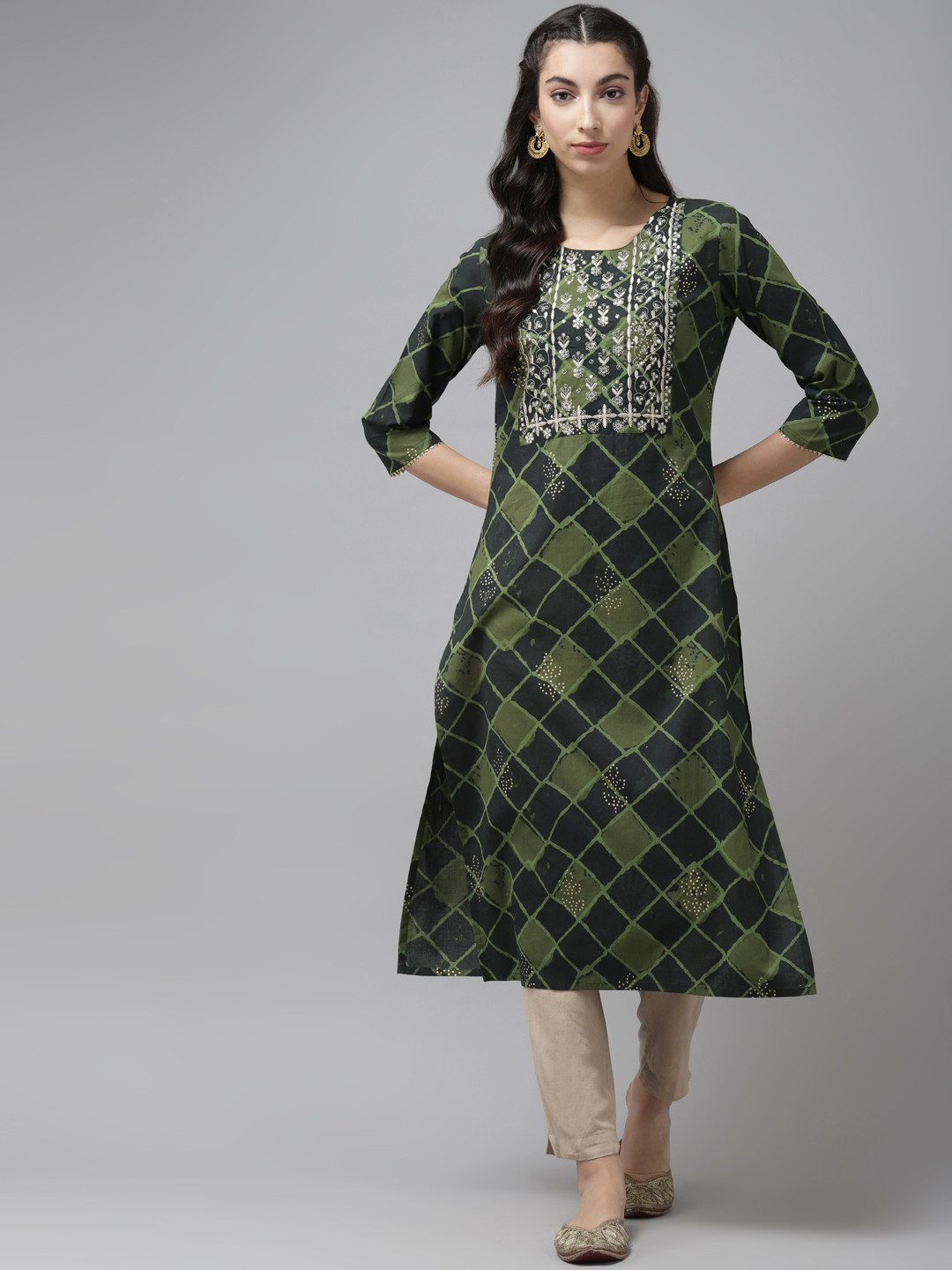Cayman Women Green & Golden Checked Sequins Straight Kurta