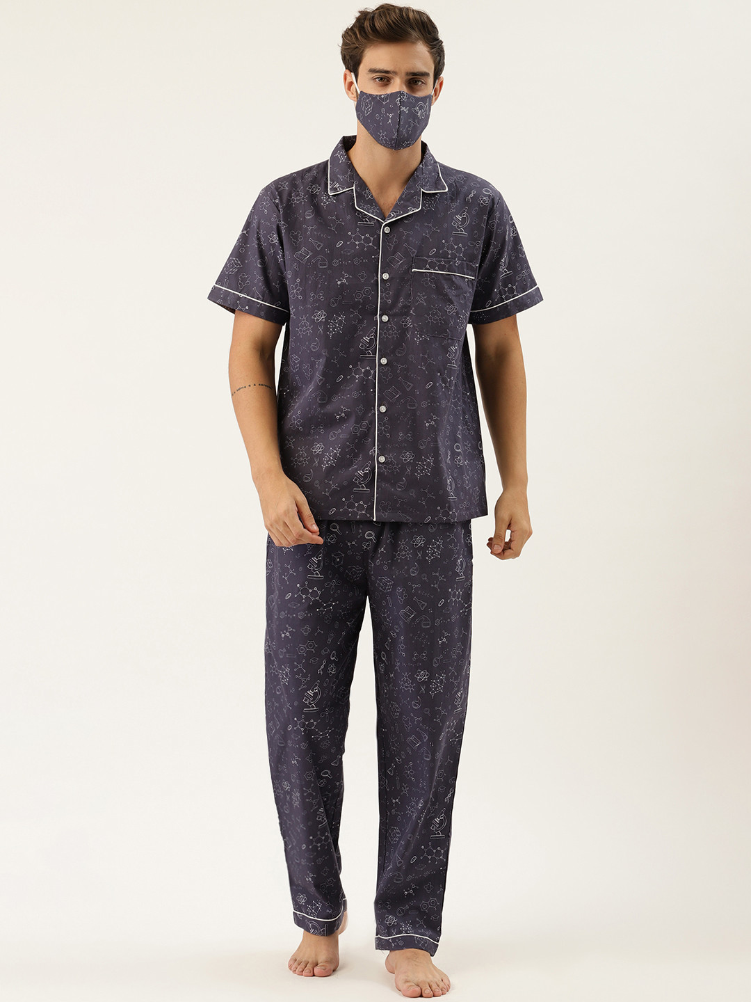 Rapra The Label Men Navy Blue & White Pure Cotton Printed Night Suit