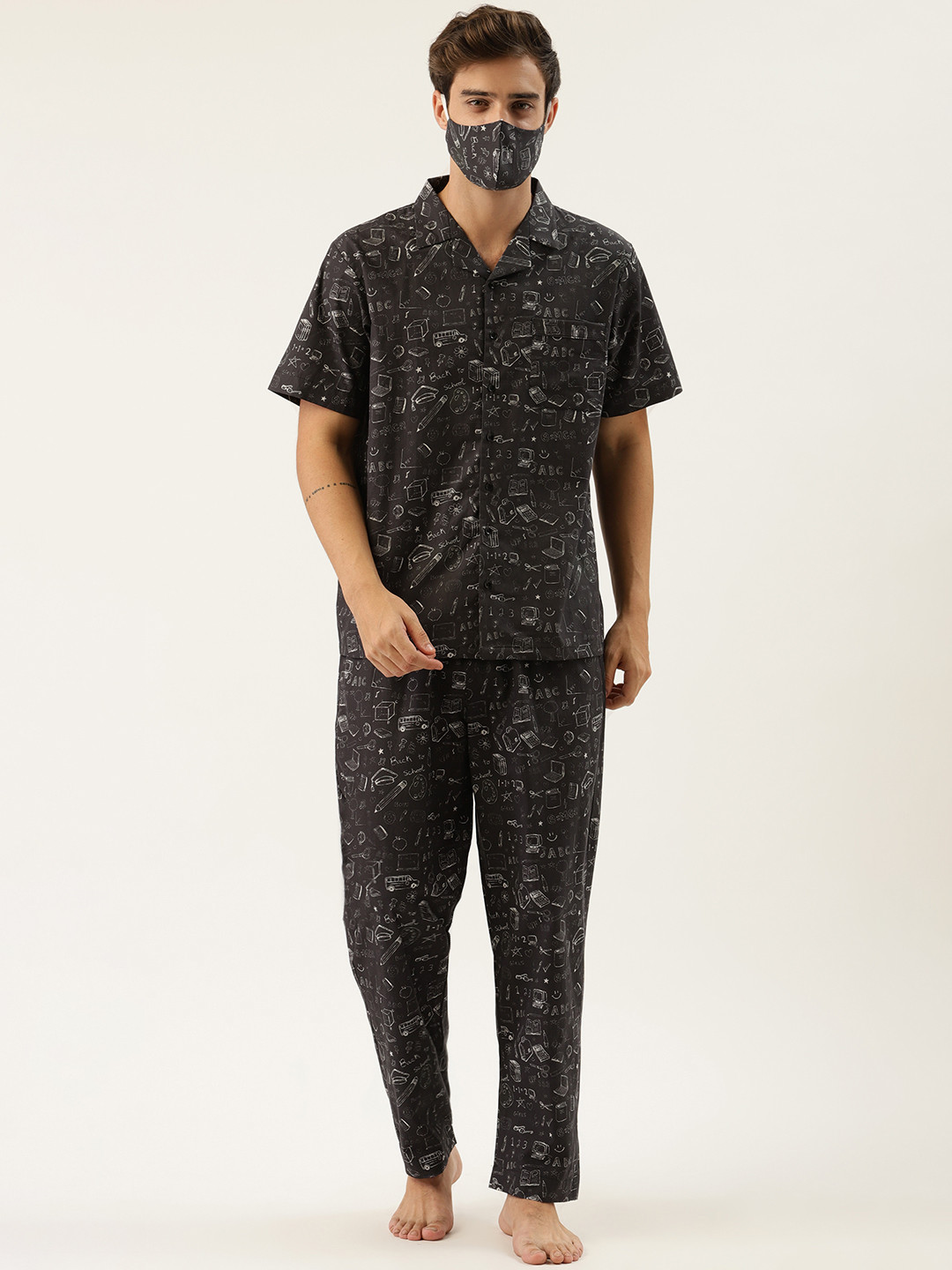 Rapra The Label Men Black & White Pure Cotton Printed Night Suit