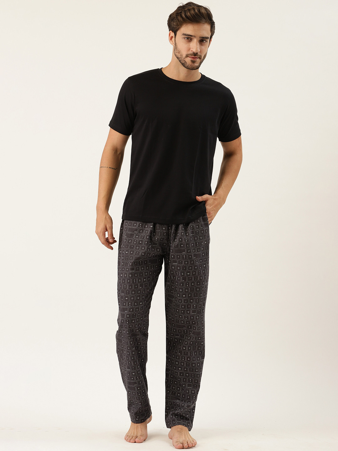 Rapra The Label Men Black & Charcoal Pure Cotton Printed Night Suit