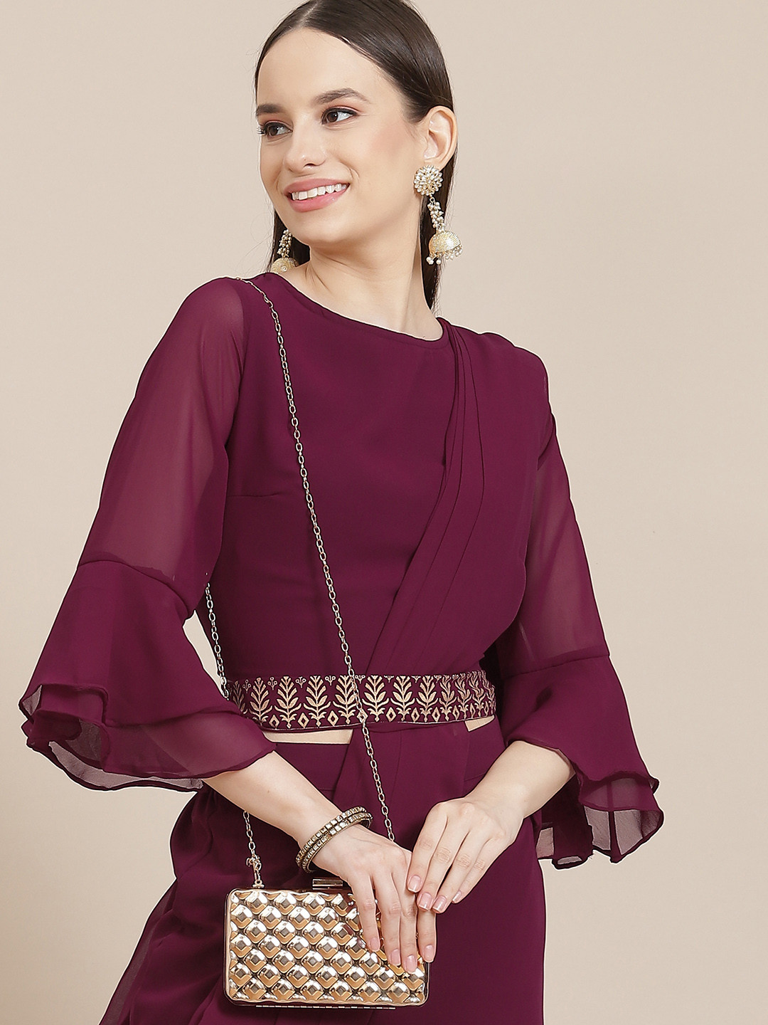 Sangria Women Burgundy Top with Palazzos & Detachable Dupatta & Waistbelt